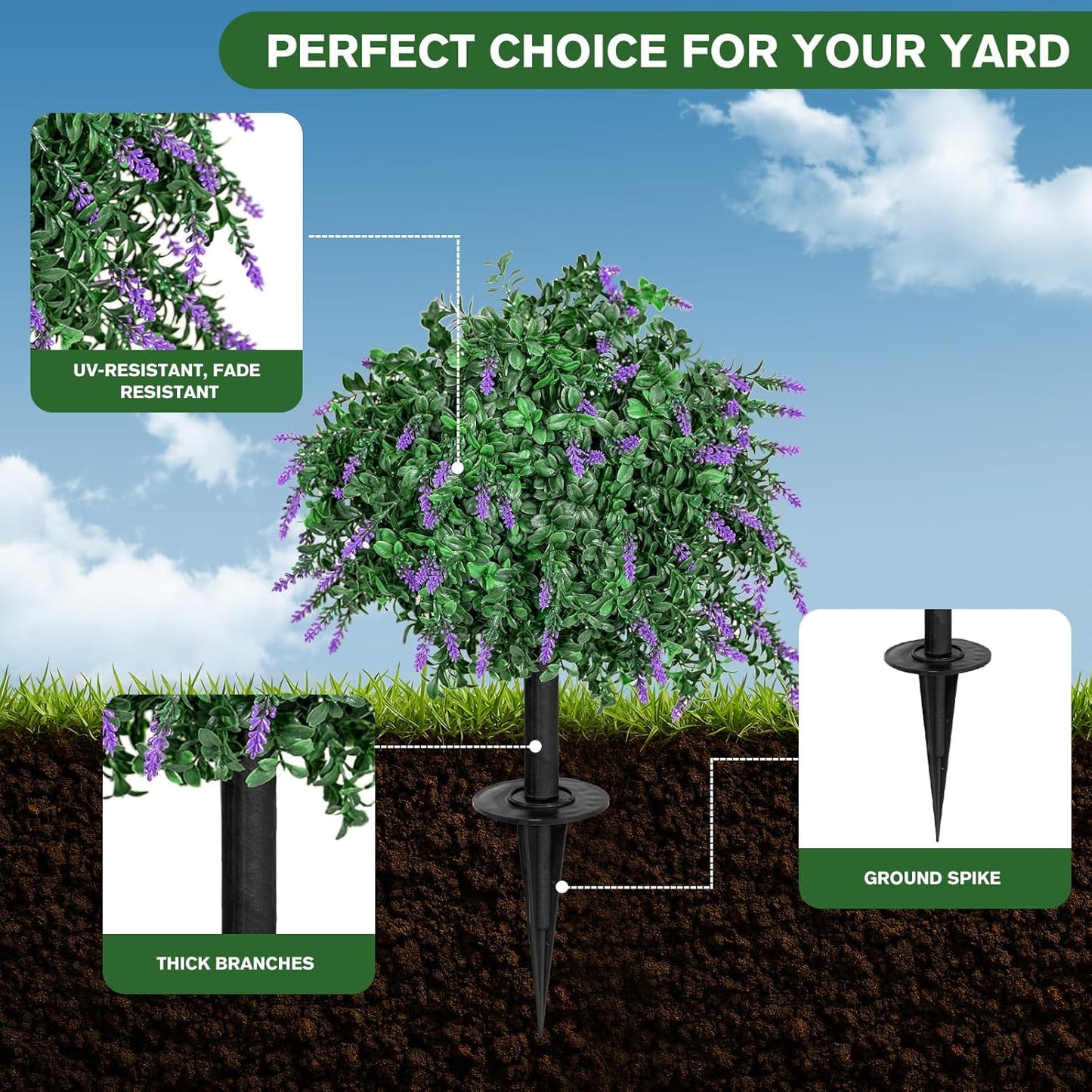 Artificial Lavender Topiary Ball Trees 18" with Ground Spike, Set of 2 UV Resistant Faux Shrubs, Fake Evergreen Boxwood Plant for Outdoor, Indoor, Garden, Yard, Porch, Patio, Front Porch Decor