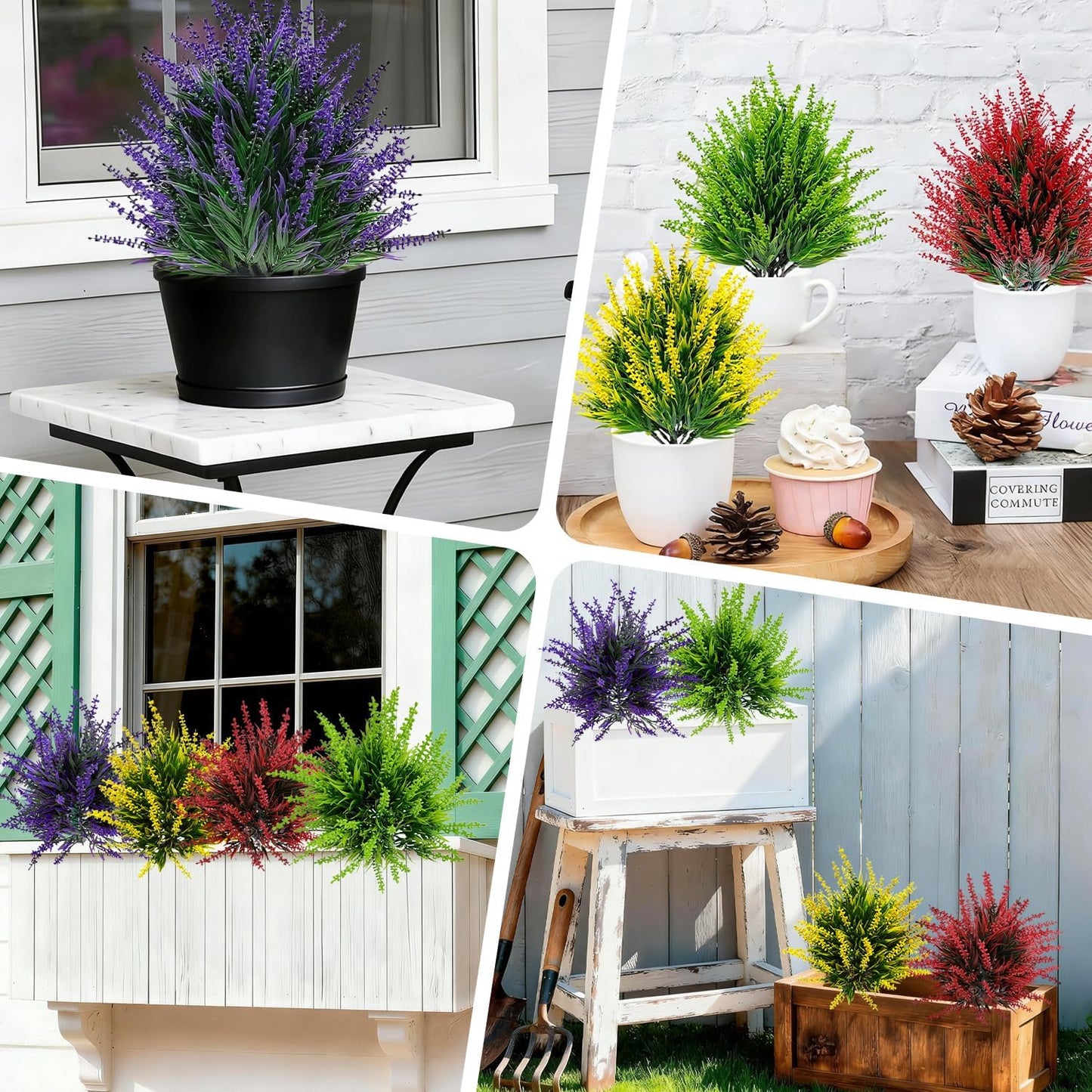 4 Pack Artificial Lavender Topiary Ball with Spike,Outdoors UV Resistant Fake Shrubs Greenery,Plastic Faux Plants Flower Bushes for Porch Yard Garden Indoor Planter Spring Decoration-Multicolor