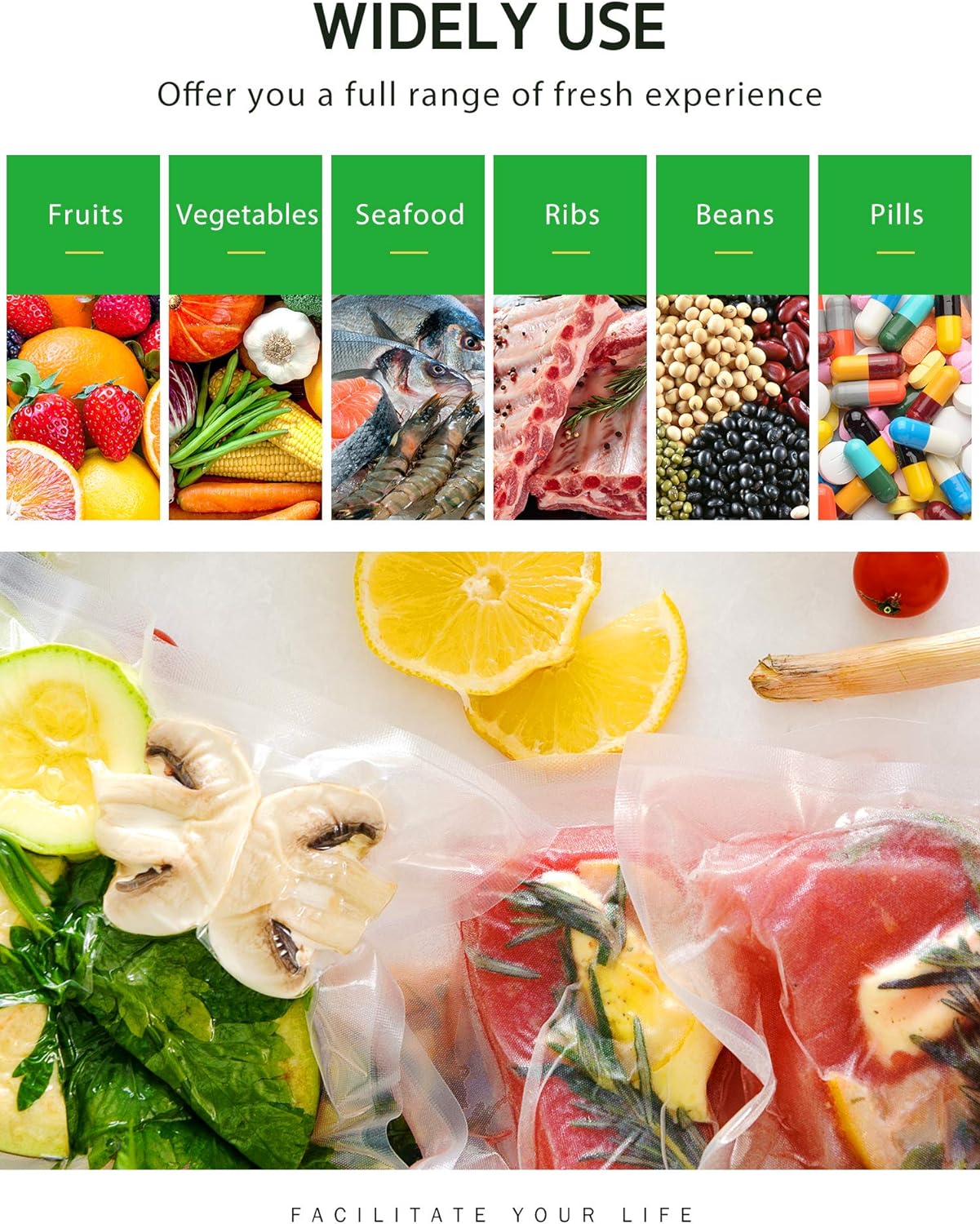 Syntus Vacuum Sealer Bags, 6 Pack 3 Rolls 11" x 20' and 3 Rolls 8" x 20' Commercial Grade BPA Free Bag Rolls, Food Vac Bags for Storage, Meal Prep or Sous Vide