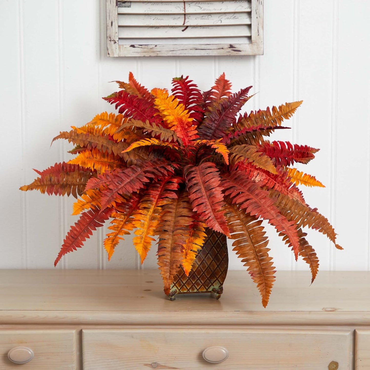 Nearly Natural Autumn Boston Fern Artificial Plant in Metal Planter