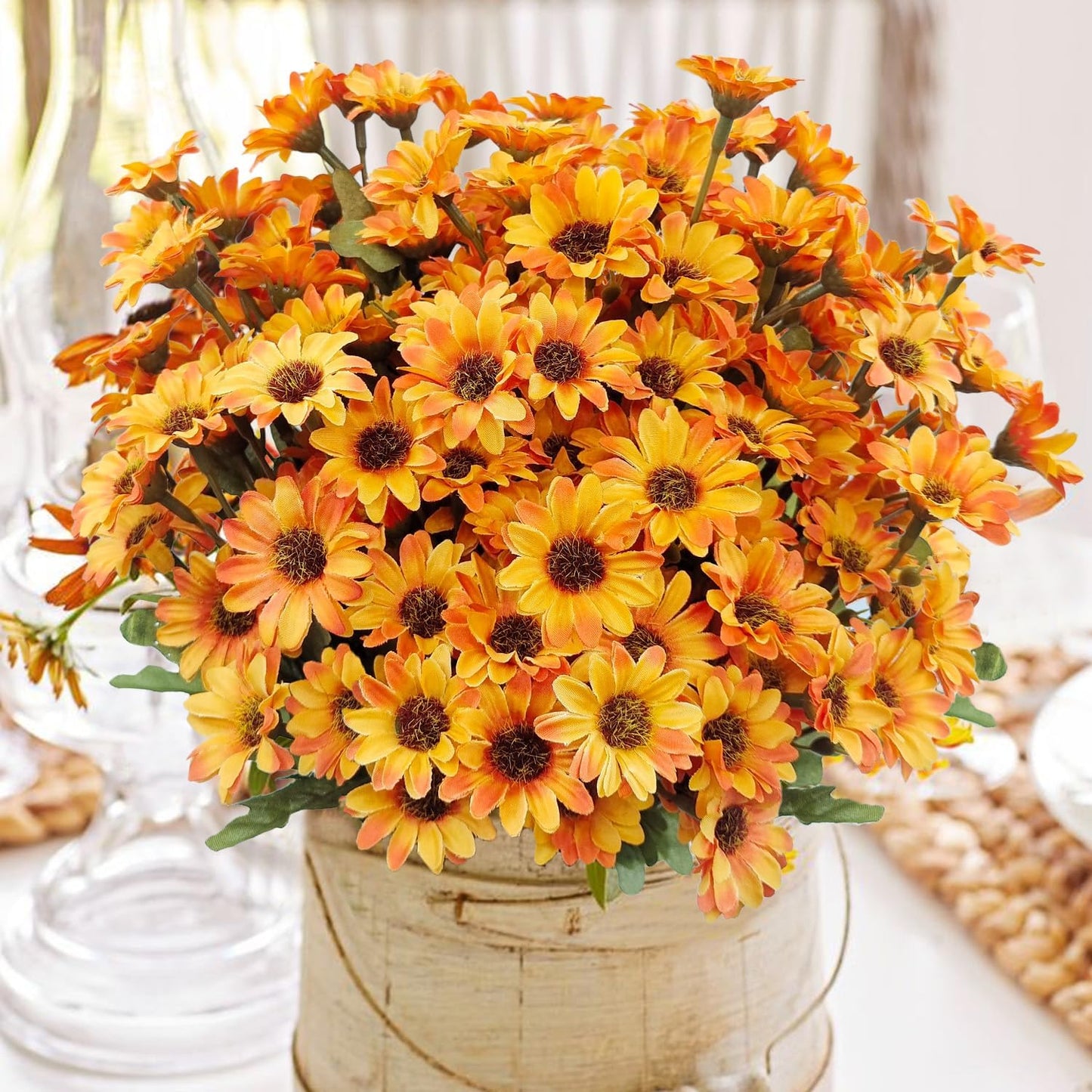 10 Bundles Artificial Fall Flowers Fake Mums Outdoor No Fade Faux Silk Daisy Bulk Plants Flower Arrangements for Autumn Home Outside Porch Patio Farmhouse Garden Pots Planter Decor