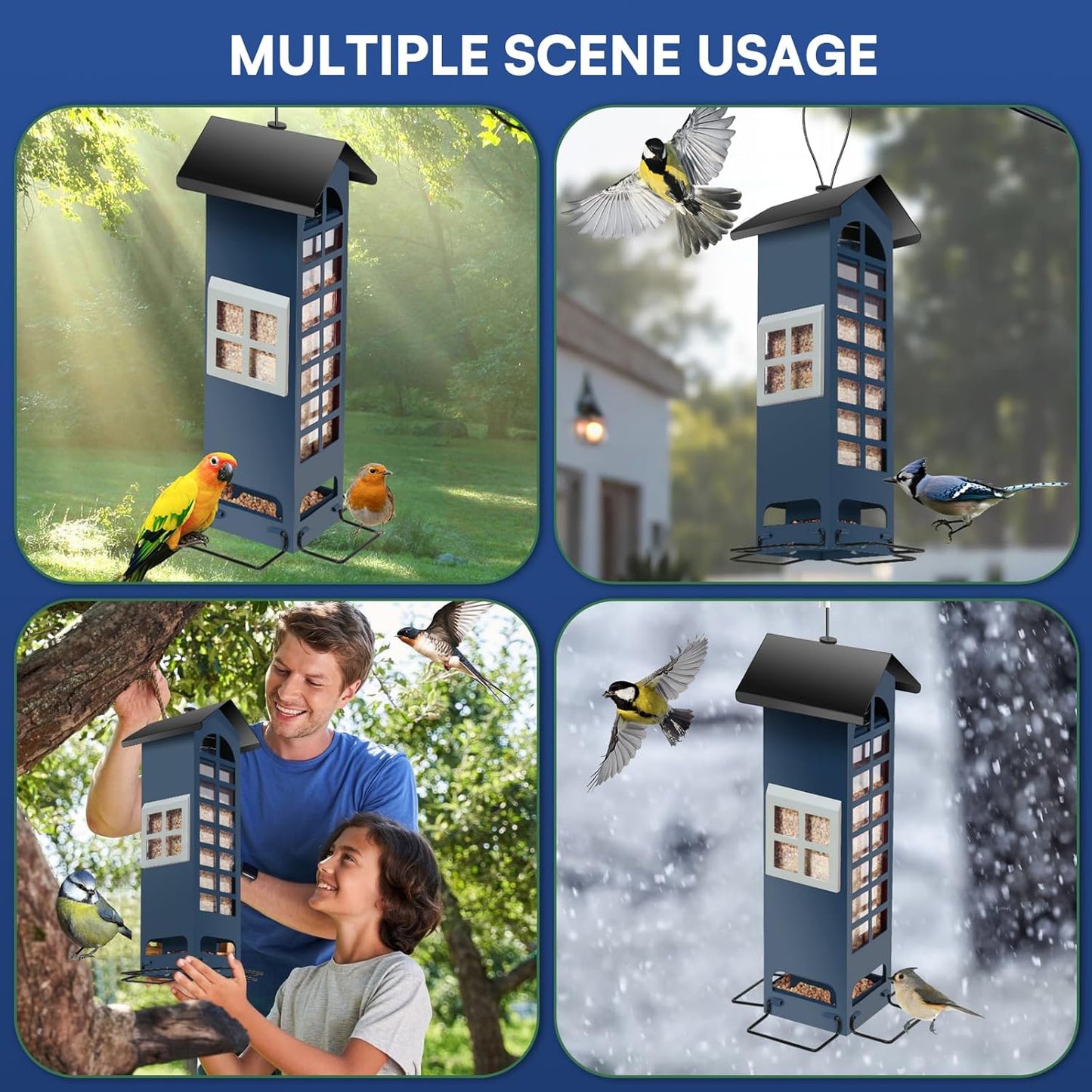 Squirrel Proof Bird Feeders, Weight Activated Metal Mesh Bird Feeder for Outdoor Hanging, 2LB Large Capacity Birdfeeders for Finch, Cardinal, Chickadee and Blue Jay for Birds Lovers-Blue