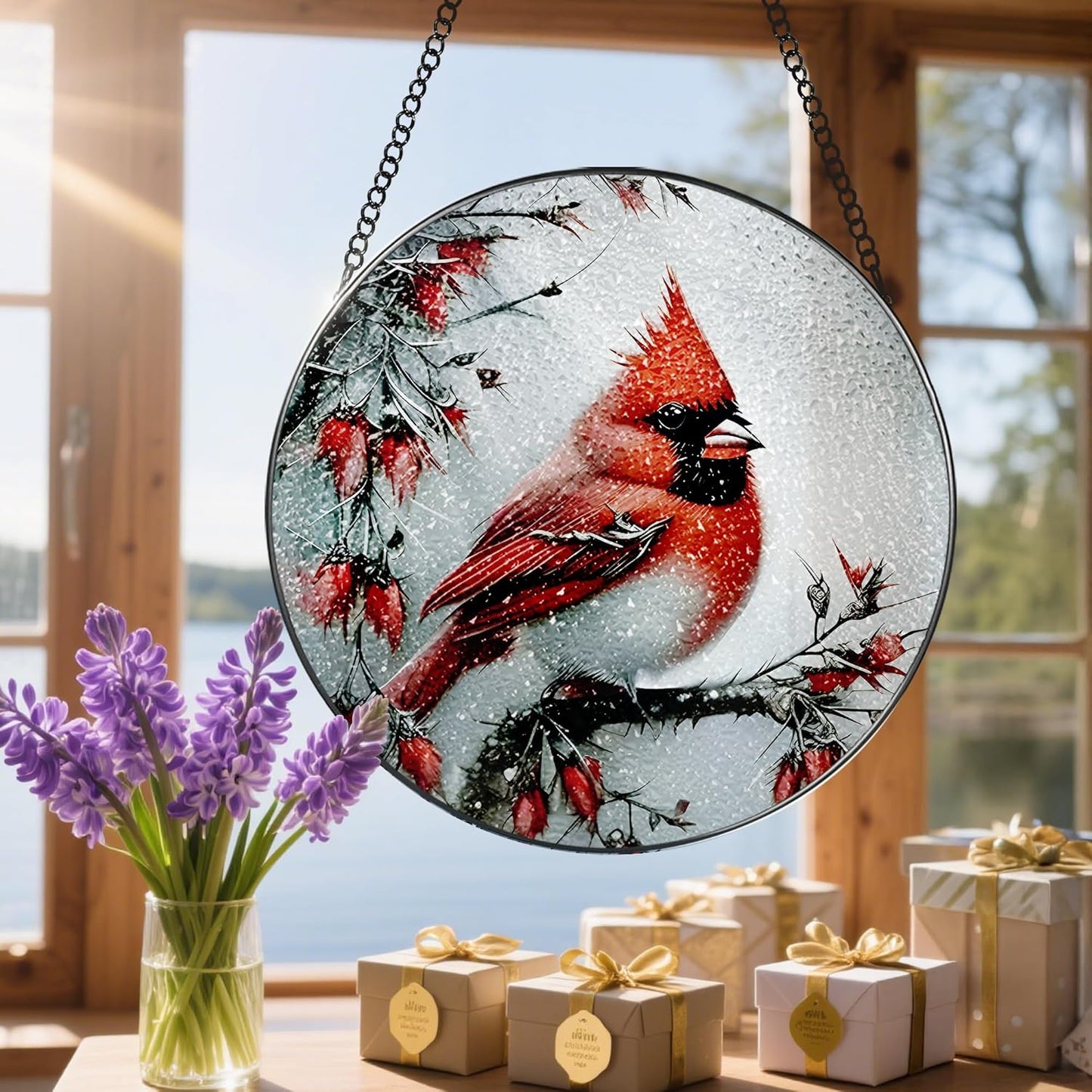 Stained Glass Window Hanging, DOUHASU 8 Inch Cardinal Stained Glass Su