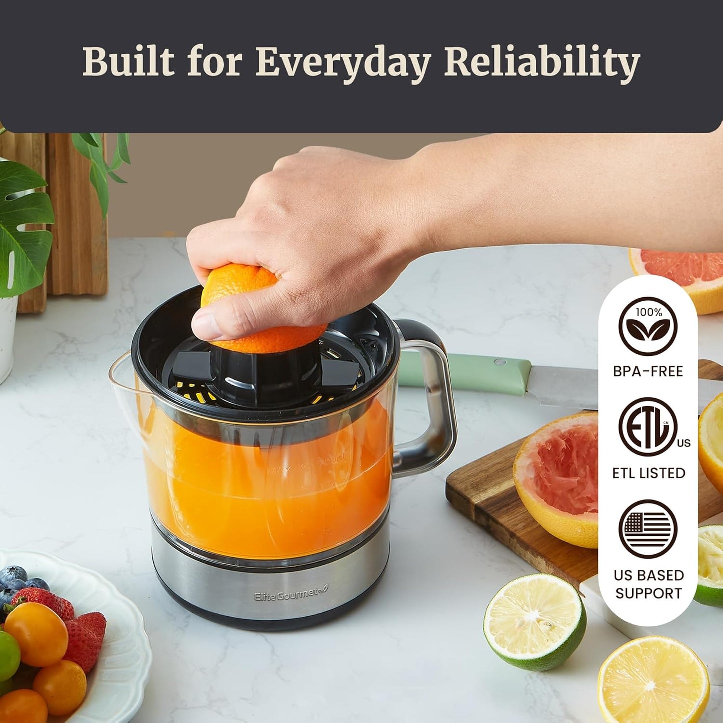 Elite Gourmet ETS623 BPA-Free 40-Watt Electric Citrus Juicer, Compact, Large Volume, Pulp Control, Oranges, Lemons, Limes, Grapefruits with Easy Pour Spout, 24oz, Black/Stainless Steel