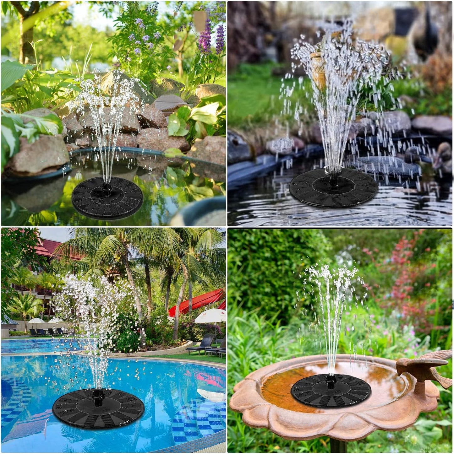 Solar Fountain 100% Glass Covered, Solar Powered Hummingbird Water Fountain, Outdoor Bird Bath Fountain Pump with 8 Nozzles & 4 Fixers for Garden, Pond, Pool, Fish Tank Decoration