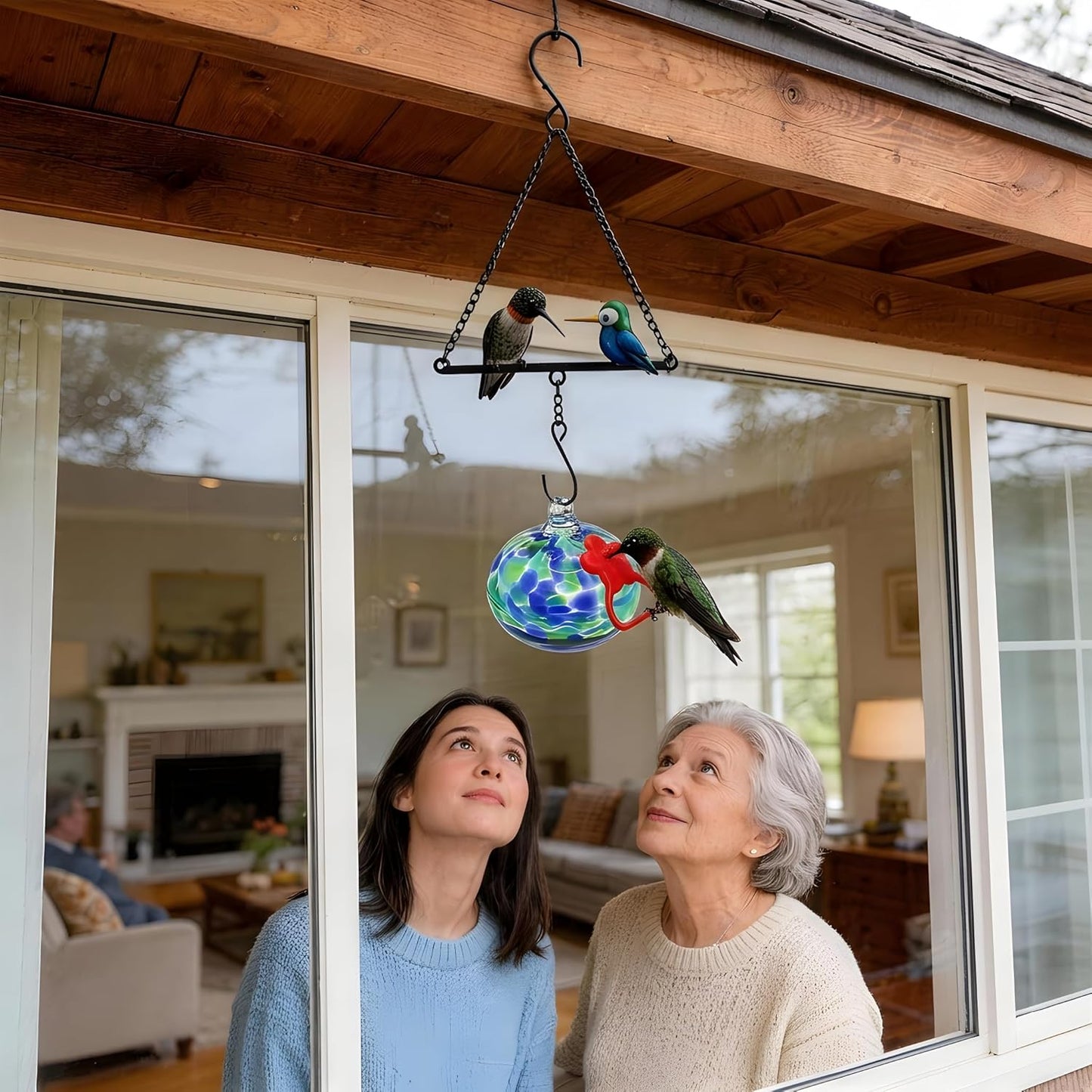 Hummingbird Feeder for Outdoors Hanging,Metal Hummingbird Swing with Hand Blown Glass Hummingbird Feeder,Artistic Bird Perch & Garden Decor, Unique Gardening Gifts for Women(Dotted Blue)
