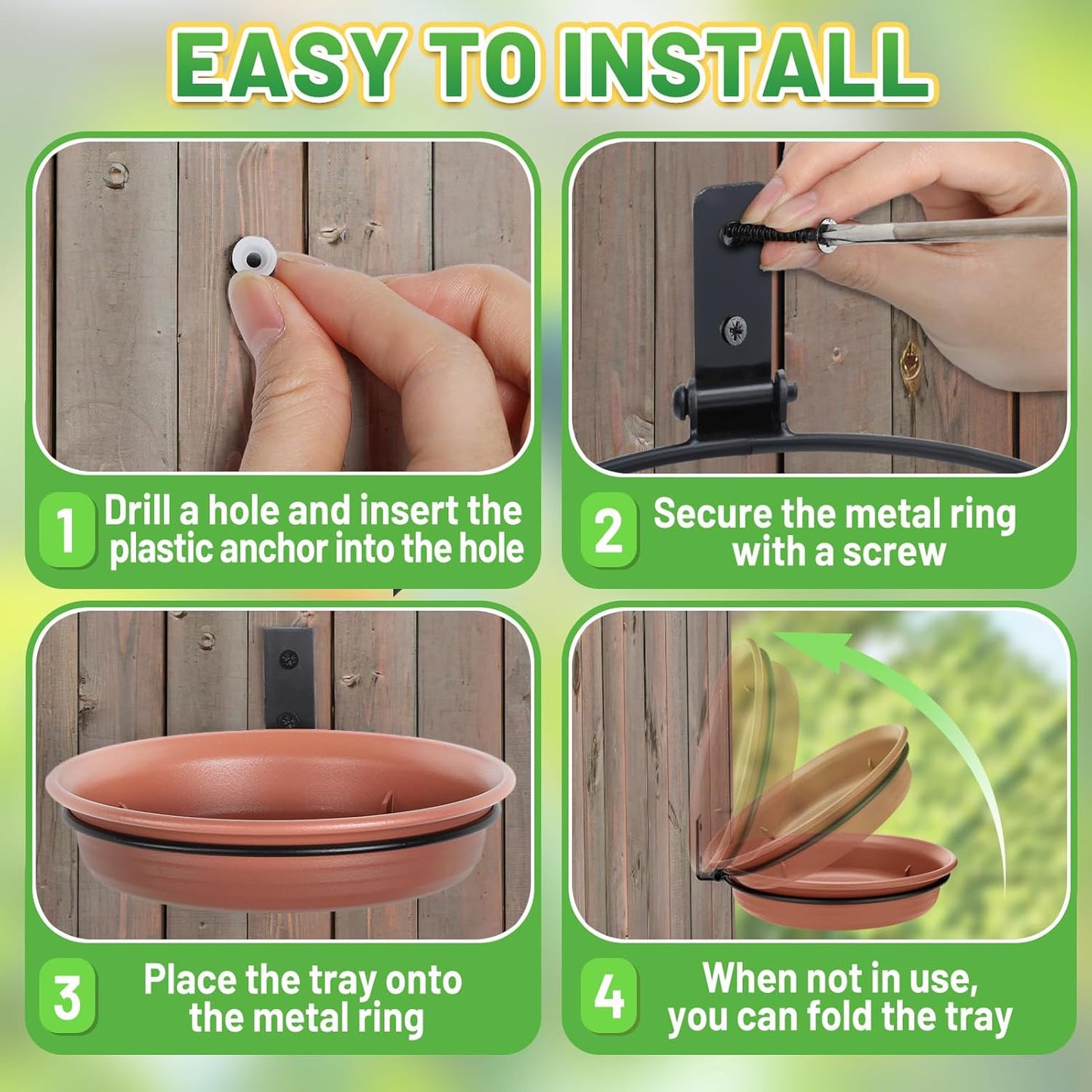 Fence Bird Feeders Tray - 2pcs Tree Mounted Wild Bird Bath for Outdoors Place Food Water, Installed on Wooden Deck Fence with Heavy Duty Iron Ring, 8.3'' Dia. (Brown)