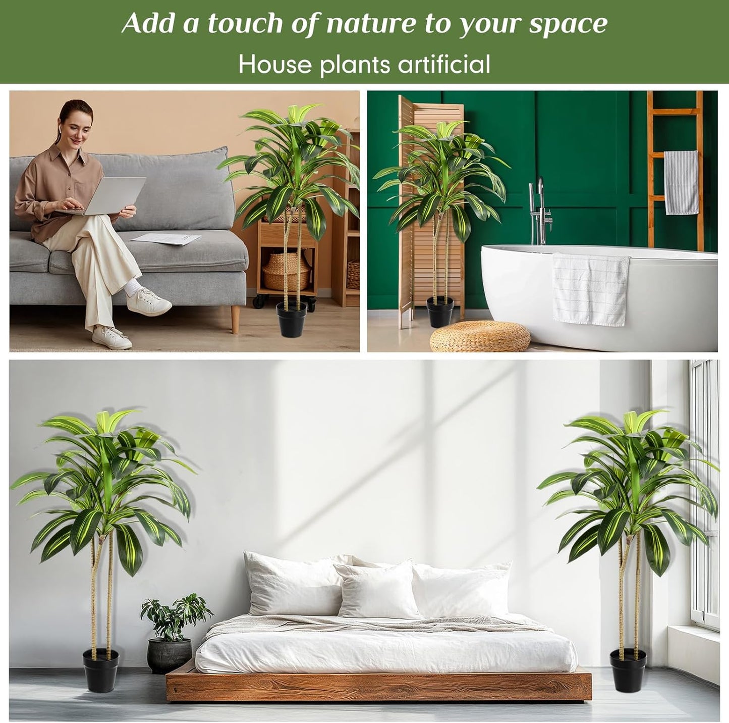 Giegxin 2 Pack Artificial Dracaena Plant Indoor, 4ft Dracaena Silk Plant with Planter, Artificial Fake Floor Tree Pot, Real Touch Faux Tropical Yucca Trees for Home Office Living Room Decor