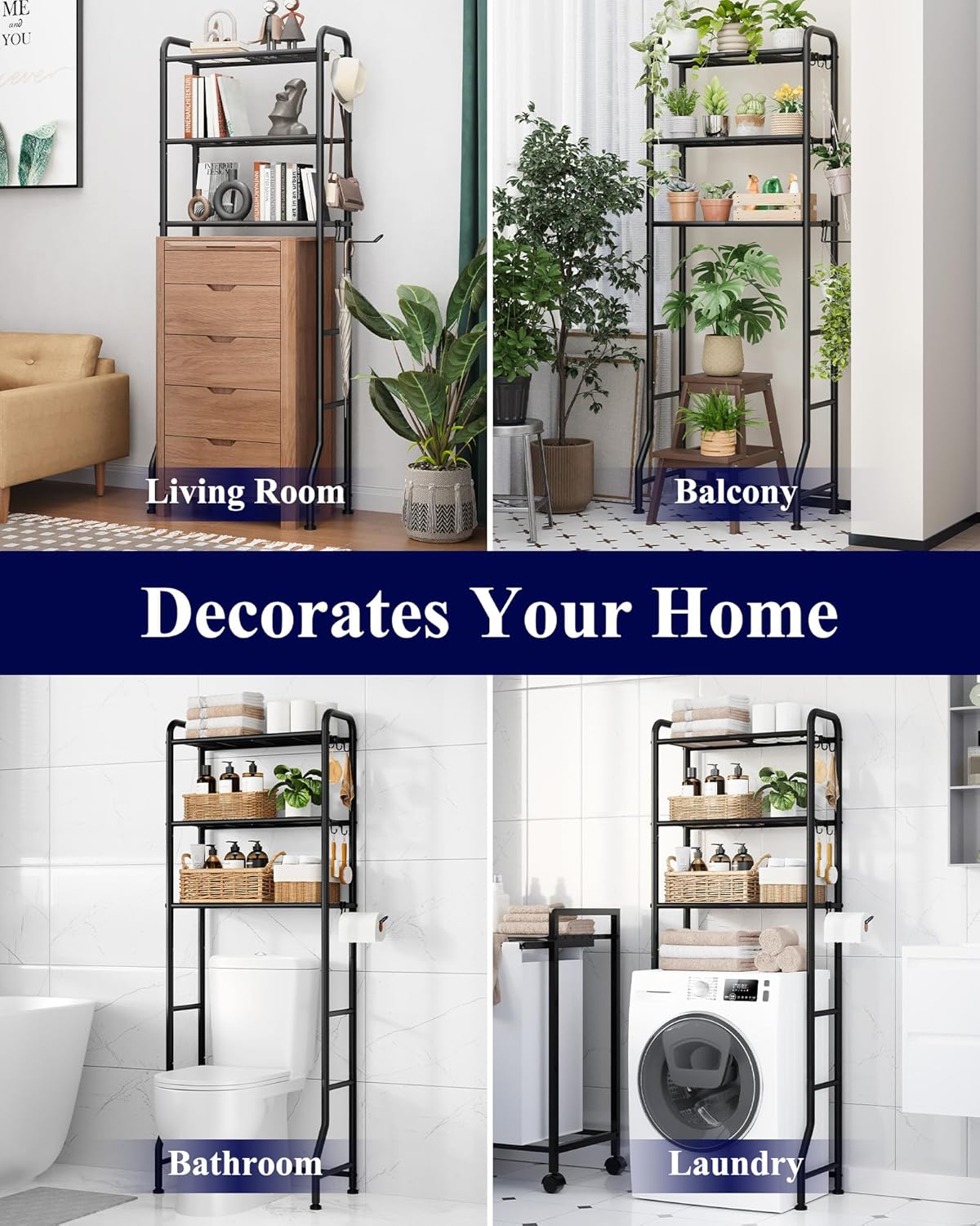 Kitsure Over Toilet Storage Rack - Metal Over Toilet Bathroom Organizer Shelf, Over the Toilet Storage Cabinet with Paper Holder and Hooks, Bathroom Cabinet for Laundry, Black, 3 Tiers (63.2" H)