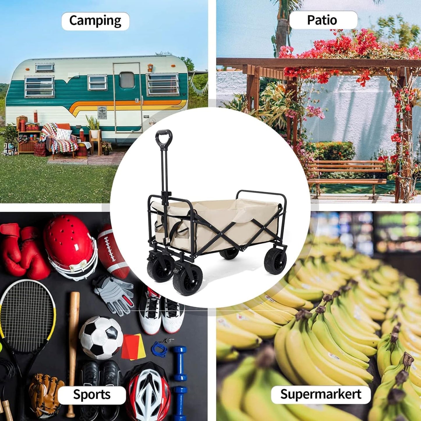 Heavy Duty Collapsible Folding Wagon - All-Terrain Utility Cart for Beach, Camping, Fishing & Shopping - Portable Garden Trolley with Durable Wheels, Black