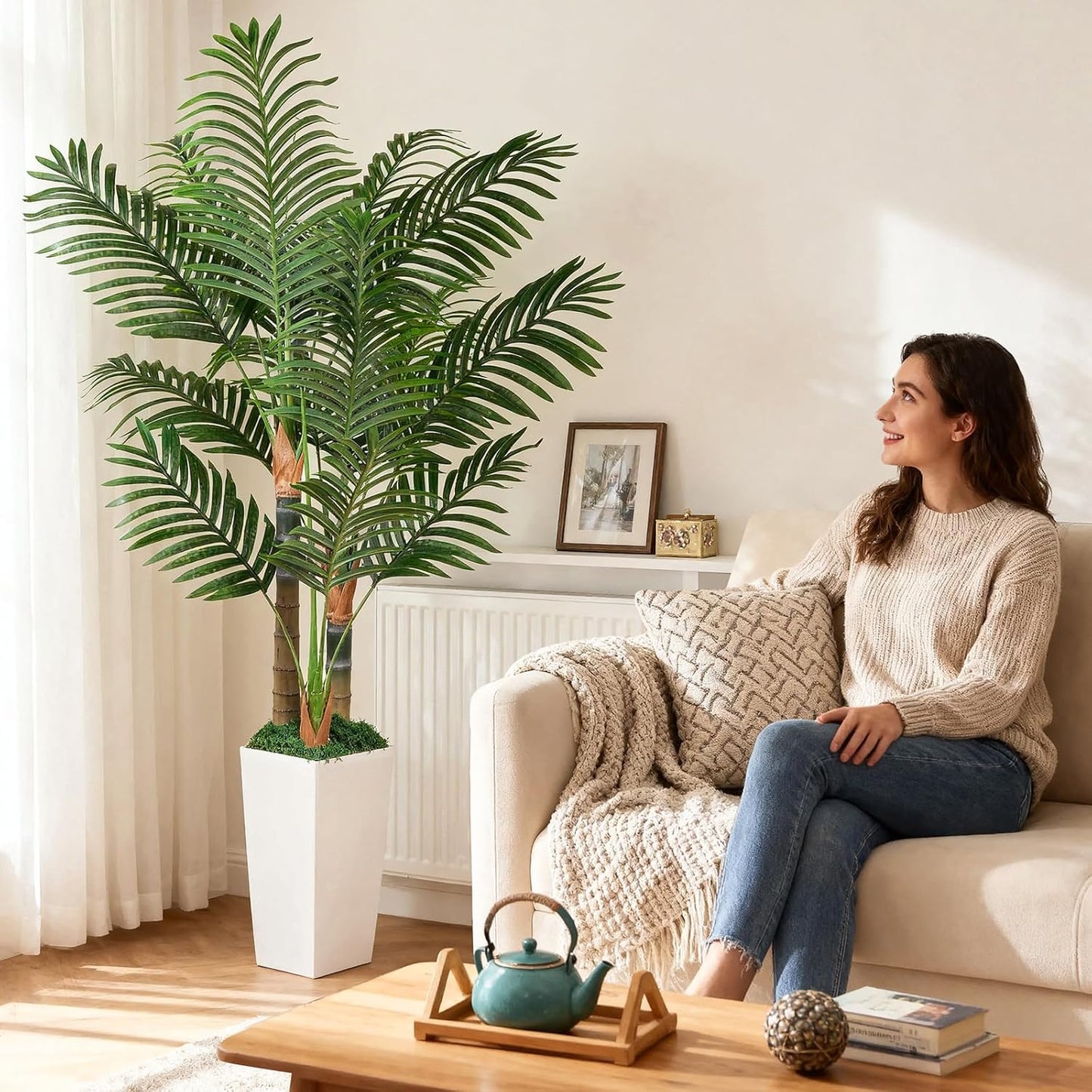 5ft Artificial Palm Tree Indoor Plant with White Tall Planter, Faux Silk Tropical Areca Floor Plant in Pot, Artificial Plants with Lifelike Leaves for Home Office Decor
