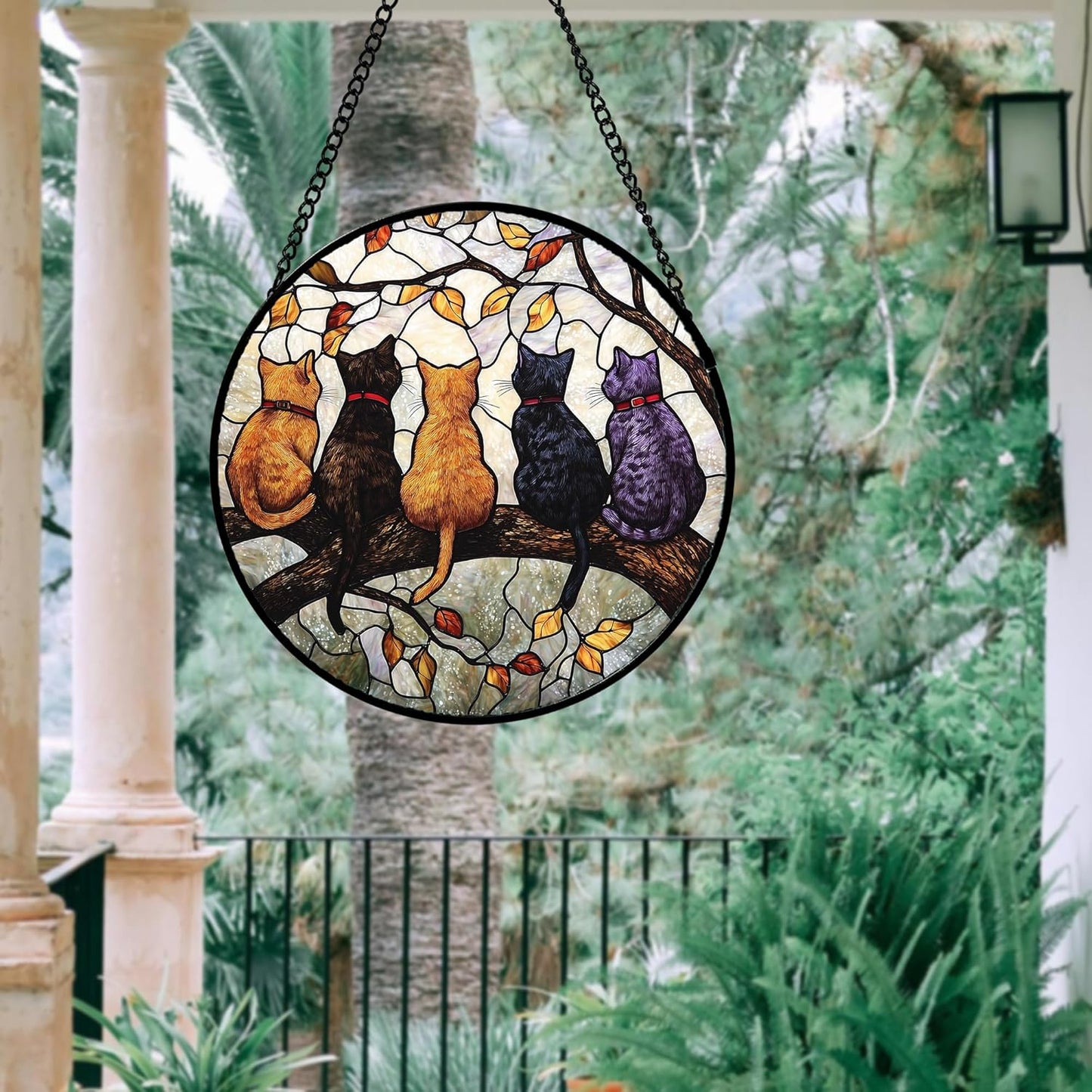 Stained Glass Window Hanging - 5 Cats on a Branch Suncatcher for Windo