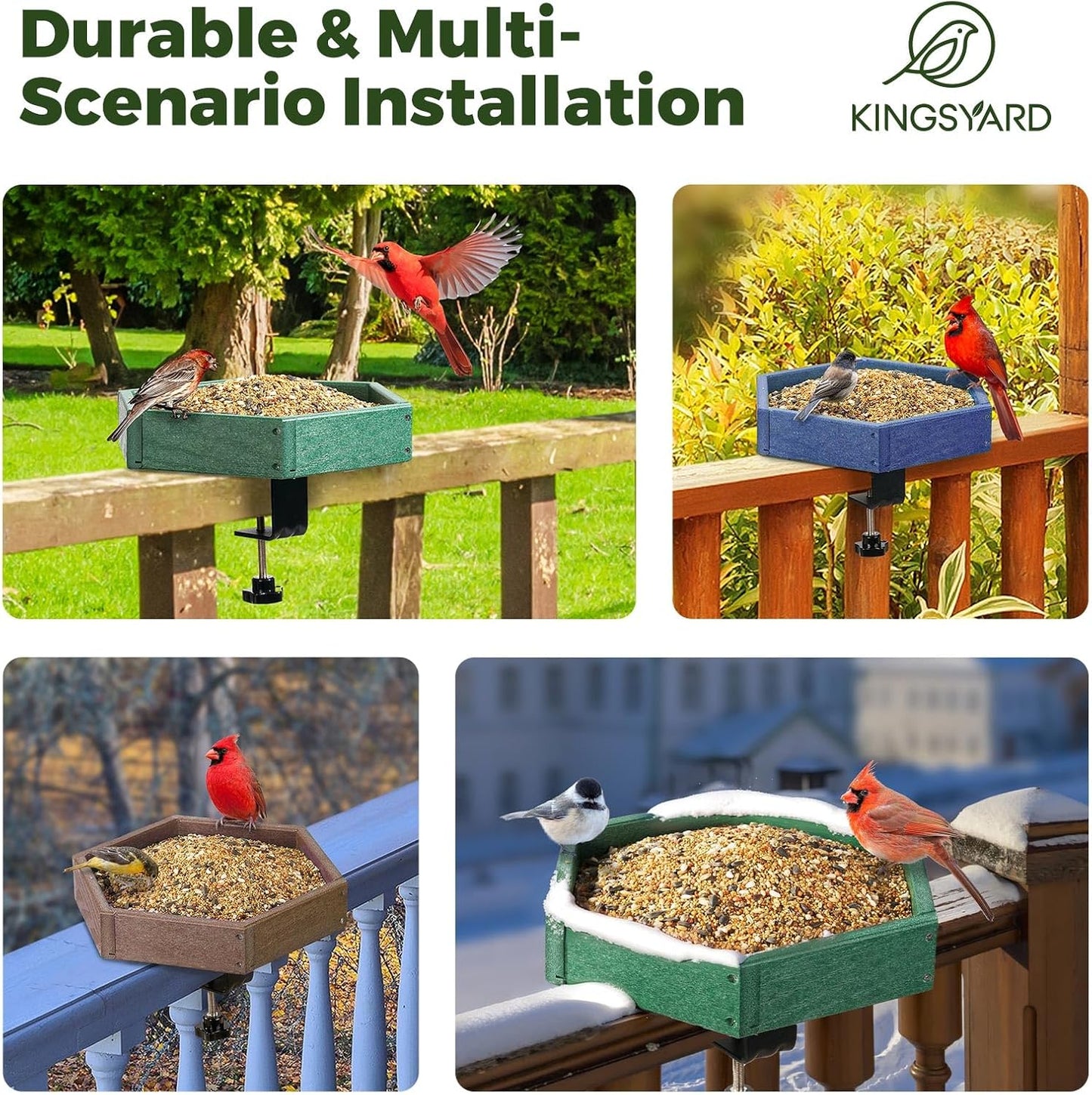 Kingsyard Clamp-On Deck Bird Feeder 11in Hexagon, Adjustable Balcony R