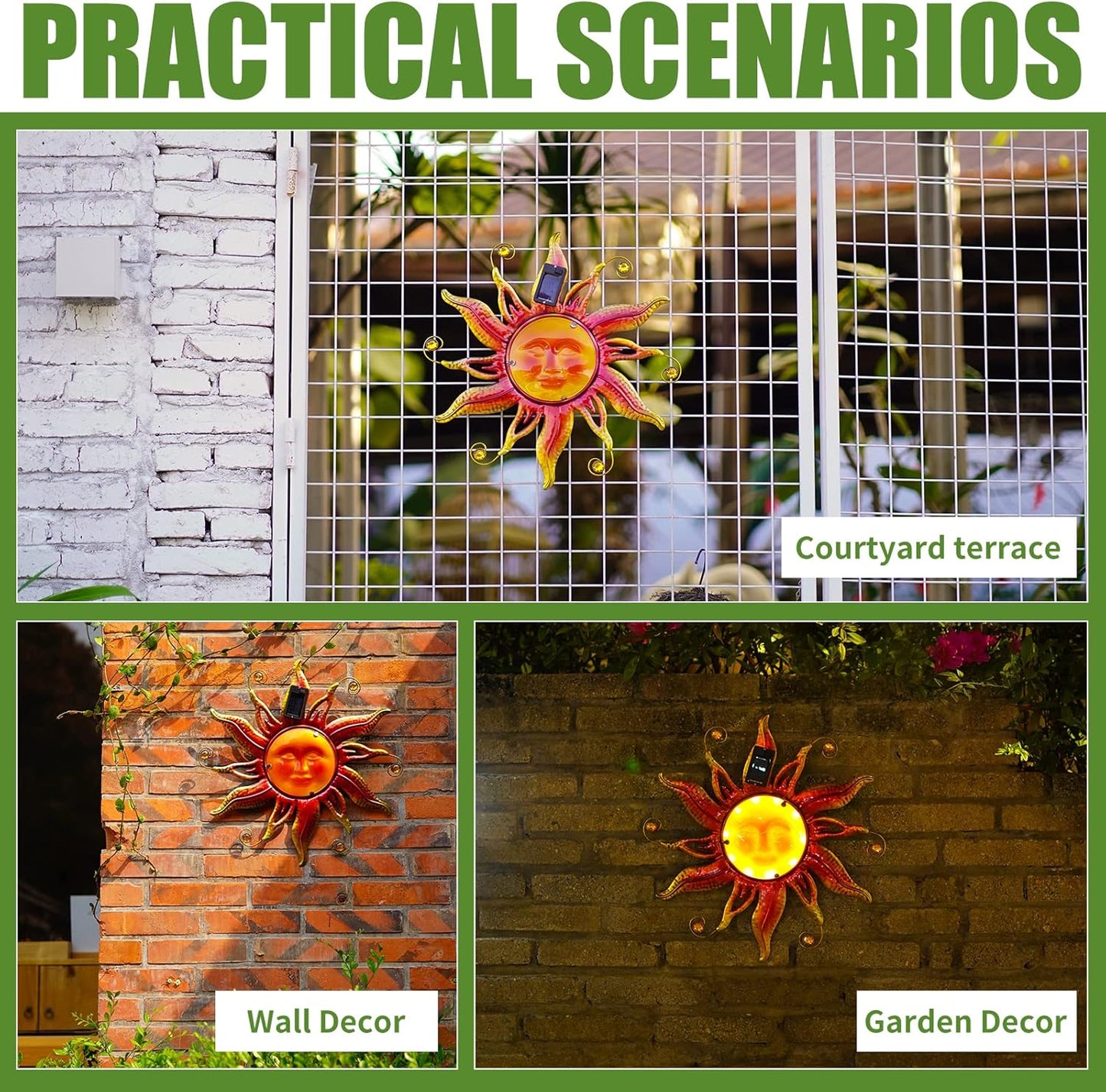 18" Solar Sun Face Wall Art - Metal Sun Sculpture with LED Lights & Smiling Face, Outdoor Wall Hanging Decorations (Gold)