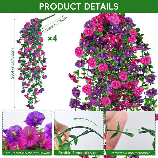 Artificial Hanging Flowers for Outdoor, 4Pcs UV Resistant Faux Morning Glory Flower Spring Summer Decroation, No Fade Fake Flower Trailing Vine for Porch Patio Balcony Yard Garden, Purple+Light Purple