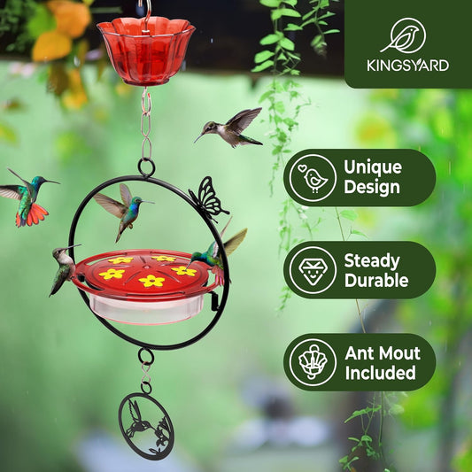 Kingsyard Upgraded Hummingbird Feeder Hanging, Large Capacity Nectar Tray Bee Proof Leakproof, Outdoor 5 Port Perch Metal Bracket Ant Moat Easy Clean Weather Resistant,Black Metal Frame