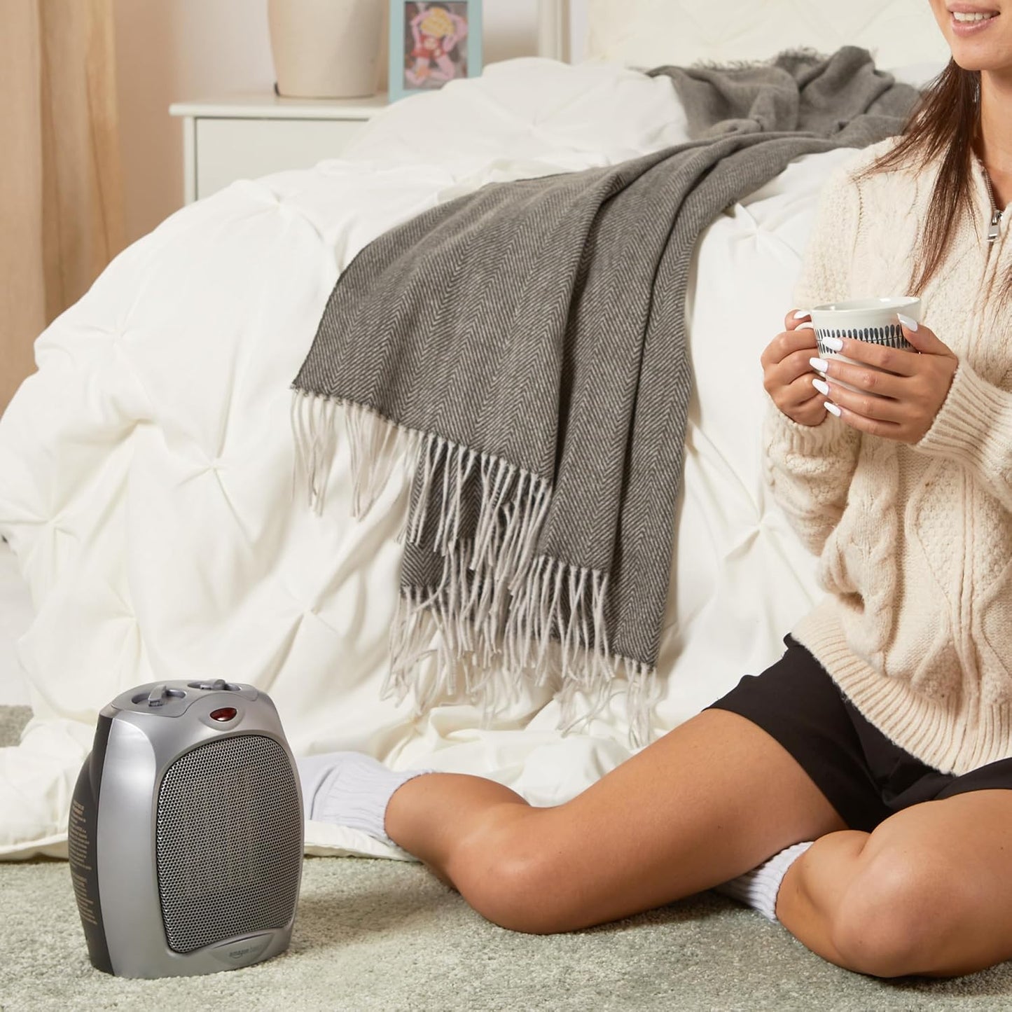 Amazon Basics Ceramic Space Heater, Portable Indoor Heating Solution, With Overheat and Tip-Over Protection, Thermostat, Non-Oscillating, 1500W, Fast Heating, 7.52"D x 6.34"W x 9.45"H, Silver