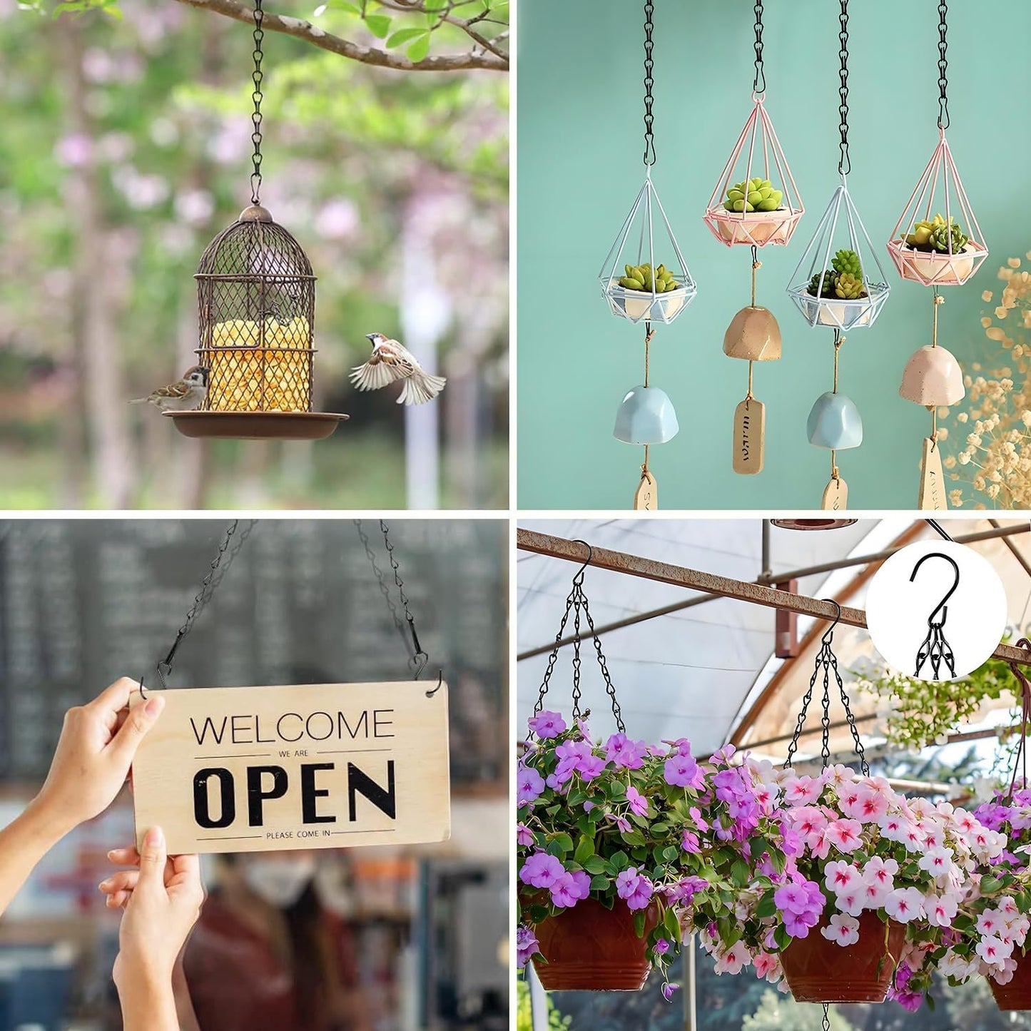 12-Piece Set of 9.5-Inch Black Hanging Chains with 12 Ceiling Hooks, Garden Plant Hangers for Hanging Bird Feeders, Signboards, Chalkboards, Baskets, Flower Pots, Lanterns, Wind Chimes