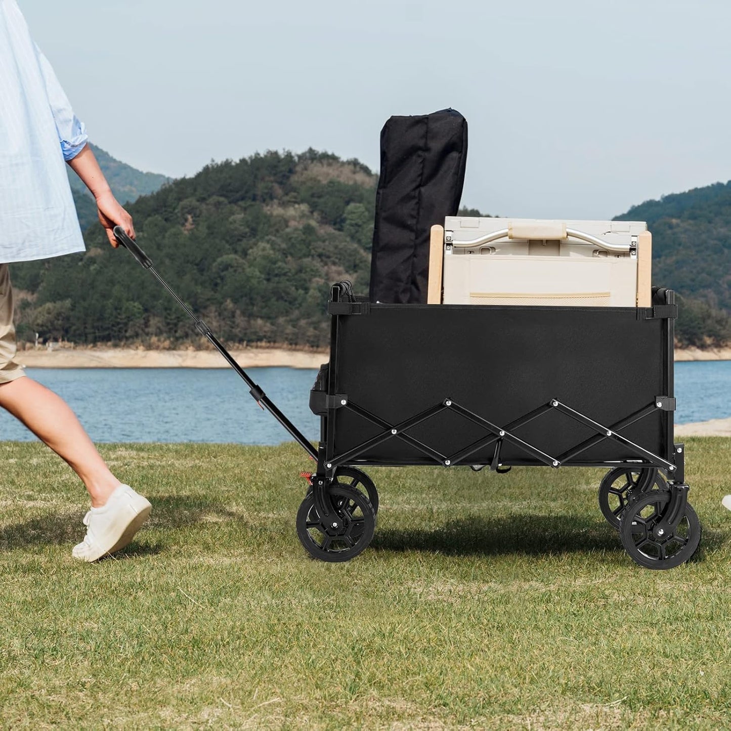 Navatiee 140L Wagon Cart Foldable, Large Capacity Collapsible Wagon with Smallest Folding Design, Utility Grocery Cart for Camping Shopping Sports, Black