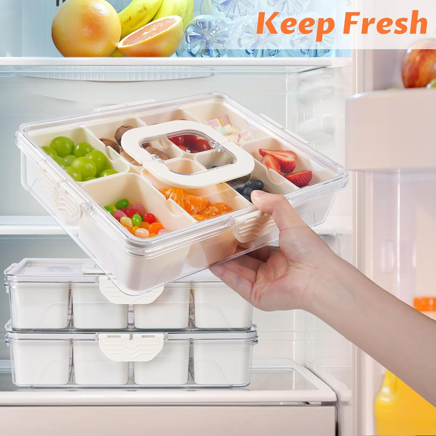 Snackle Box Container, Dishwasher Safety - Divided Serving Tray with Lid and Handle, Charcuterie Board for Portable Snack Platters - Clear Organizer for Fruits Snacks,Perfect for Road Travel