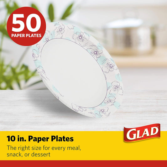 Glad Round Disposable Paper Plates, Blue Flower Design, Heavy Duty Soa