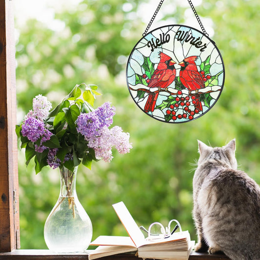 Cardinal Stained Glass Window Hanging Suncatcher, Hello Winter Christmas Bird Sun Catcher Indoor Window Decor, Cardinal Christmas Painted Glass Round Wall Hanging Decorations, 7.8x7.8 in