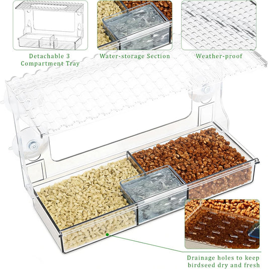 Window Bird Feeder for Outdoors with Strong Suction Cups, Easy to Clean and Refill Clear for Viewing with Large Capacity Detachable Water Tray for Garden, Yard, Elderly Viewing