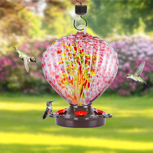 LUJII Seashell Shaped Hand Blown Glass Hummingbird Feeder for Outdoors
