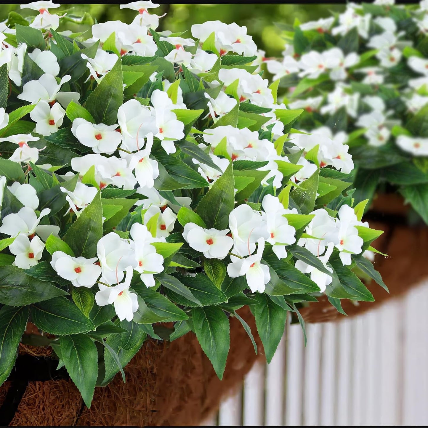 2 Pcs Artificial Impatiens Flowers for Outdoors Faux Impatiens Bushes White Silk Flowers Greenery Artificial Impatiens Bouquet for Patio Lawn Garden Pot Hanging Basket Porch Decoration