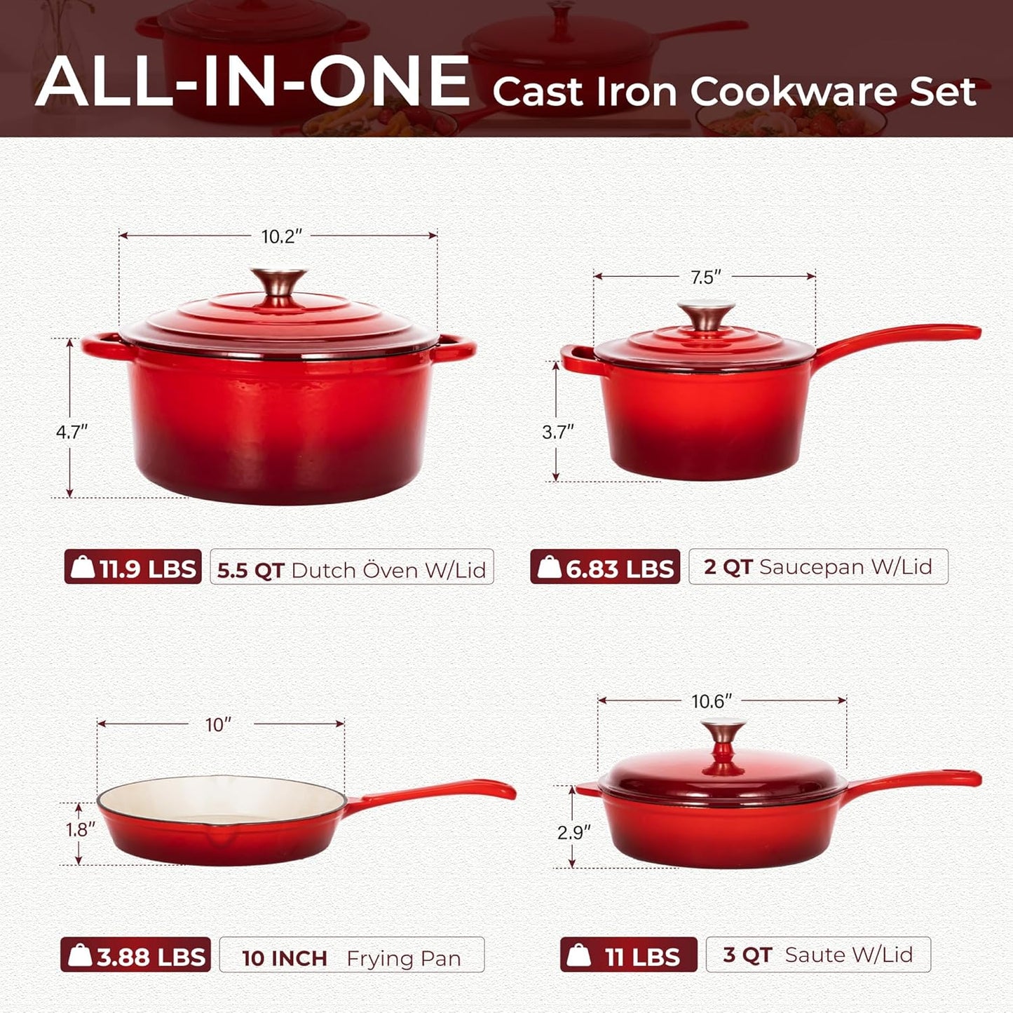 Kitchen Academy Enameled Cast Iron Cookware Sets - 7Pcs Pots and Pans