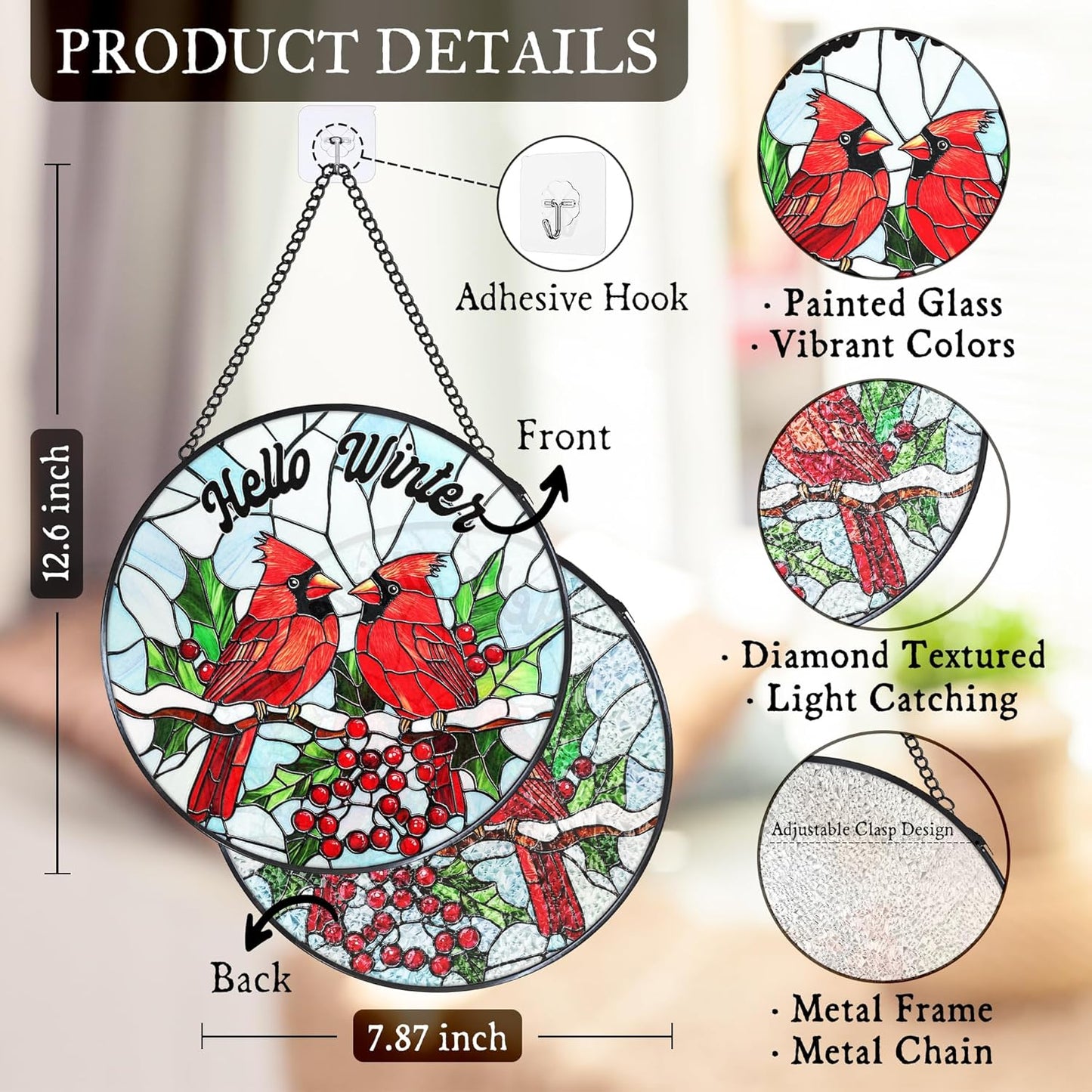 Cardinal Stained Glass Window Hanging Suncatcher, Hello Winter Christmas Bird Sun Catcher Indoor Window Decor, Cardinal Christmas Painted Glass Round Wall Hanging Decorations, 7.8x7.8 in