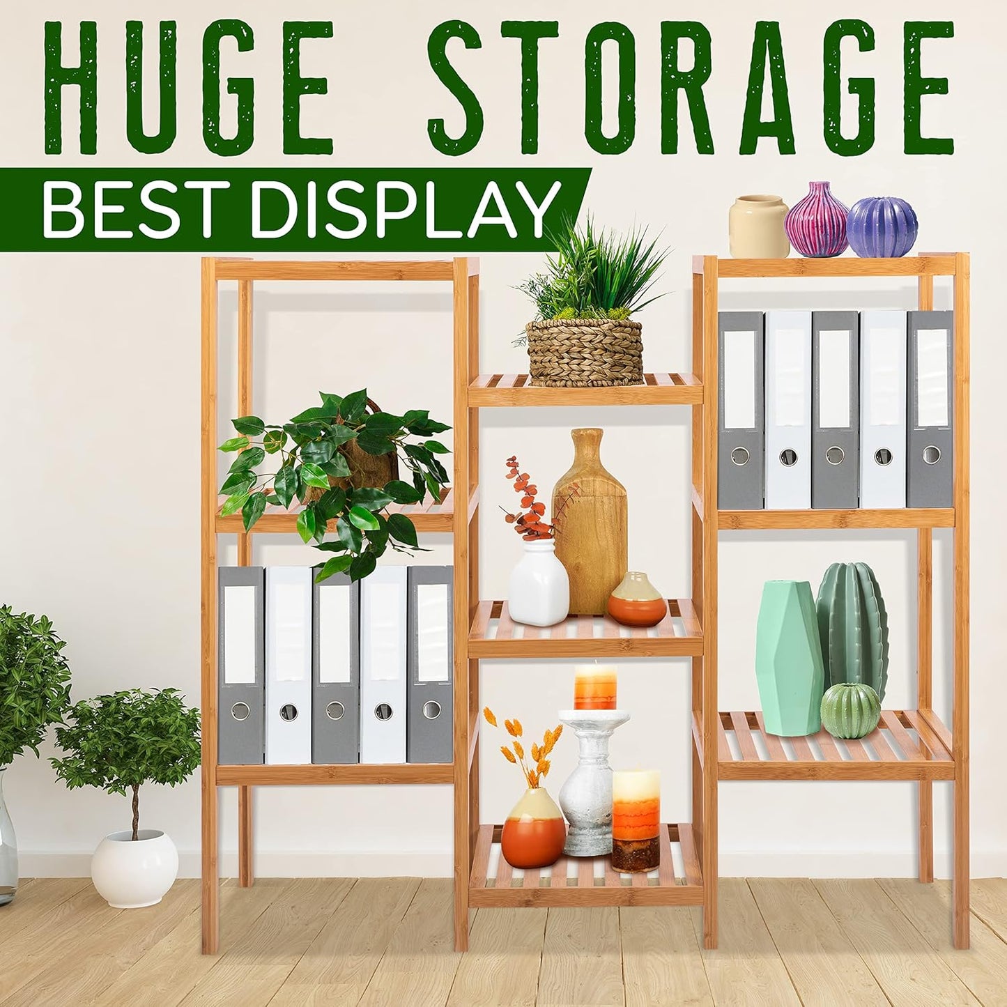 SereneLife Bamboo 9 Tier Plant Stand-Free Standing Storage Shelves for Multiple Potted Plants,Corner Shelf House Accessories Indoor and Outdoor Use,Tall Wood Holder For Backyard,Balcony, Patio,Garden