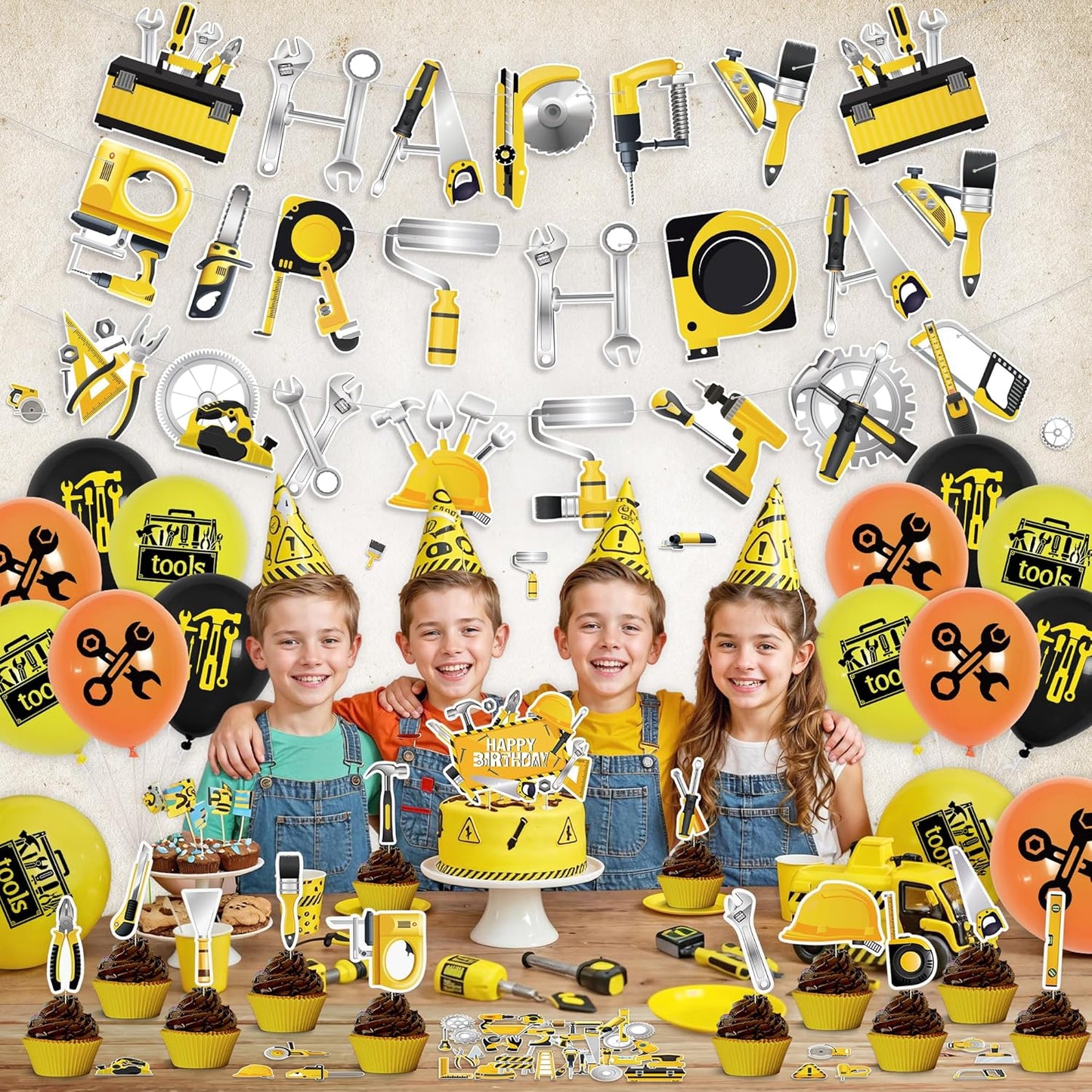 Tools Birthday Party Decorations, Tools Party Supplies Includes Happy Birthday Banner, Balloons, Cupcake Toppers, Cake Topper, Stickers for Tools Party