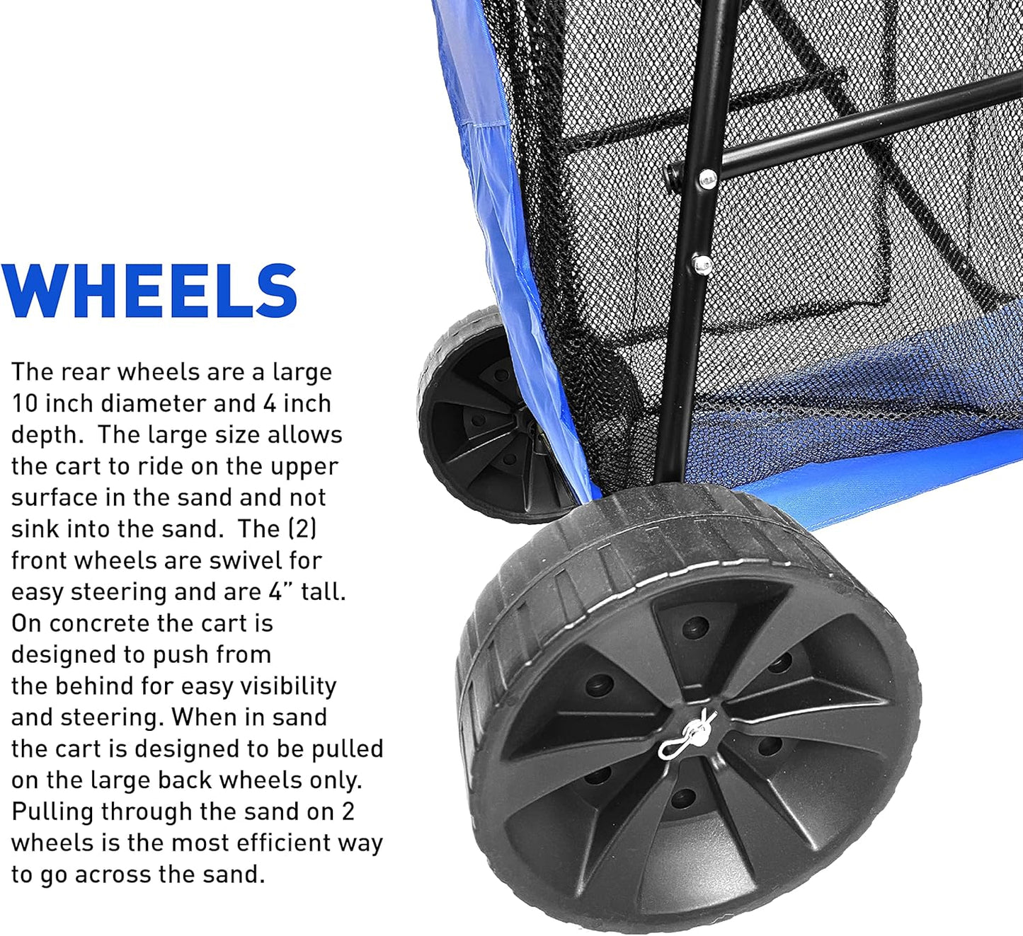 Beach Umbrella Wagon Cart Deluxe – Heavy Duty Folding Ocean Utility Cart – Large Sand Wheels – Holds 4 Beach Chairs – Storage Pouch -Holder –Removable Bag - Solid Blue