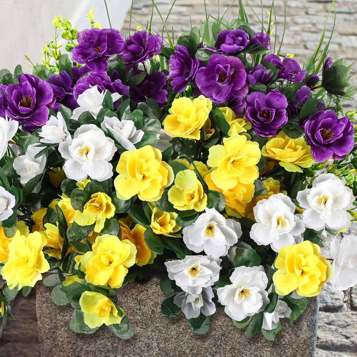 12pcs Artificial Flowers for Outdoor Fake Silk Camellia UV Resistant Realistic Eucalyptus Leaves Fake Grass Greenery for Front Door Porch Planter Pot Patio Balcony Decor(Classic)