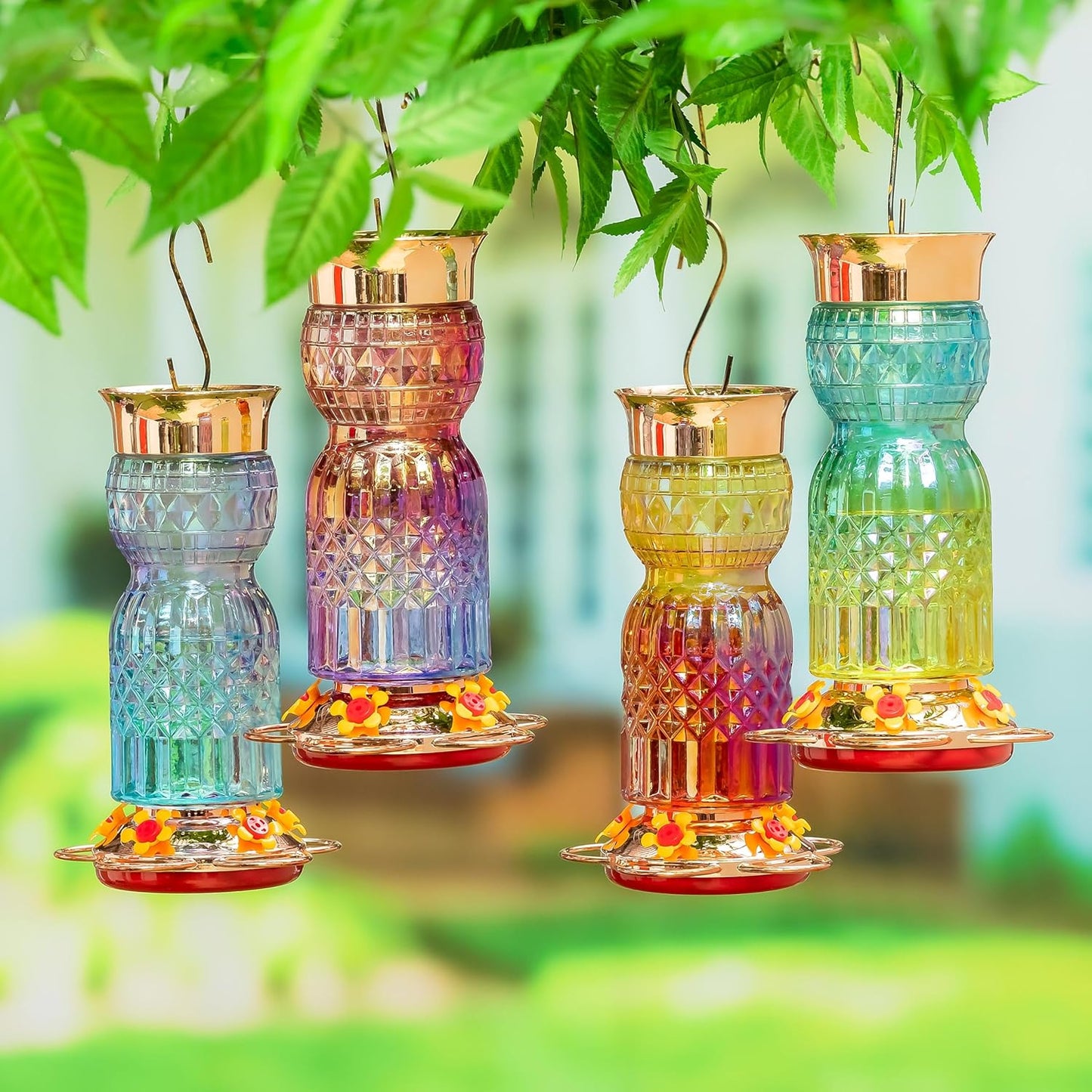 Evergreen Garden Iridescent Glass Hummingbird Feeder, 31 Ounces Hangin