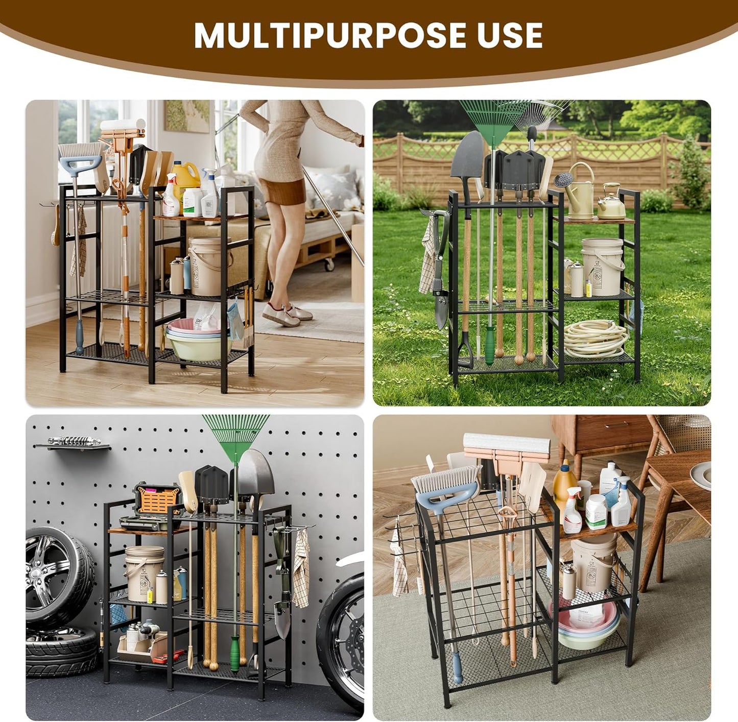 Garden Tool Organizer for Garage,3 Tier Garden Tools Rack with 8 Hooks,Up to 35 Long-Handled Tools/Rakes/Brooms, Heavy Duty Steel Garage Tool Stand for Shed, Outdoor, Black