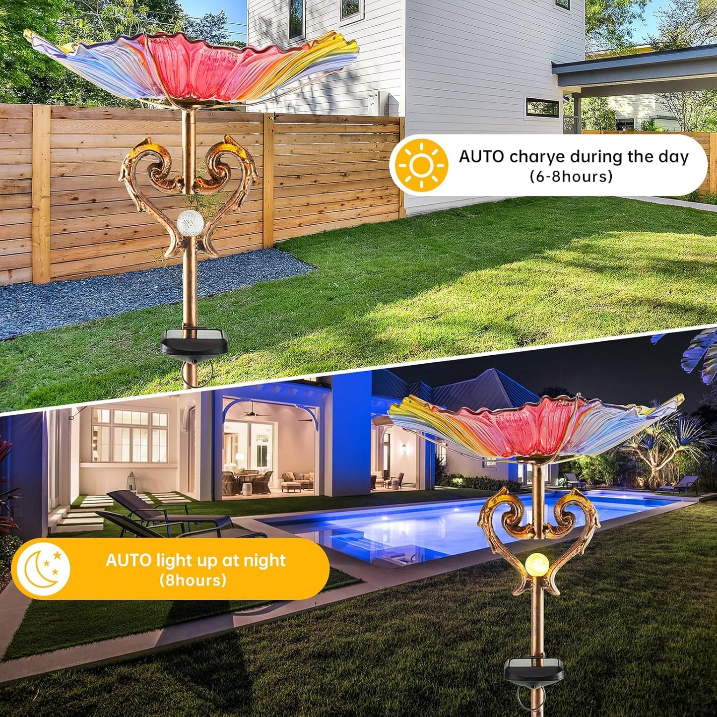 Garden Decor Gifts Solar Glass Blue Bird Bath Yard Art Garden Outdoor Birdbath with Metal Stake with White LED Light Metal Stake Garden for Women