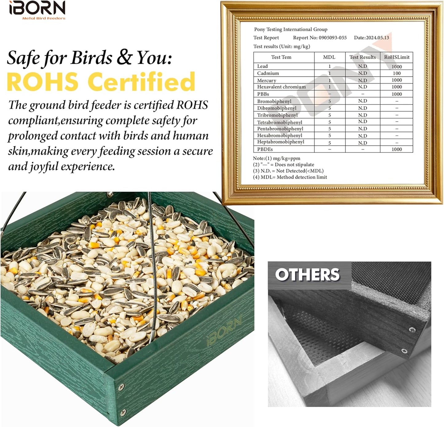 iBorn Platform Bird Feeder Tray, Bird Feeders for Outdoors Hanging, Flat Birdfeeder Tray with Large Capacity 3LBS, WPC Recycled Plastic & Cedar Look, Waterproof, 10.5"x10.5", Green
