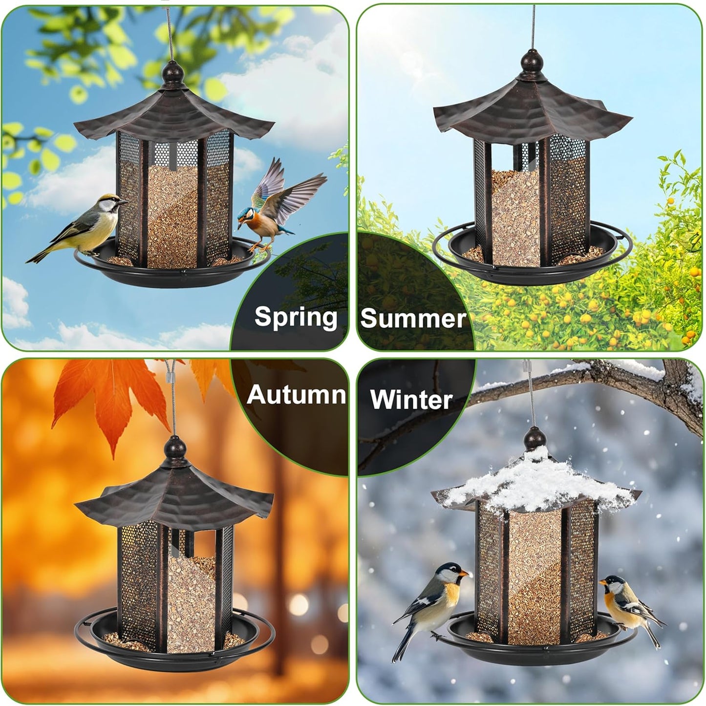 CVHOMEDECO. Bird Feeders for Outdoors Hanging Metal Bird Feeder for Wild Bird, Garden Yard Outside Decor. Hexagon Shaped with Roof, Antique Copper