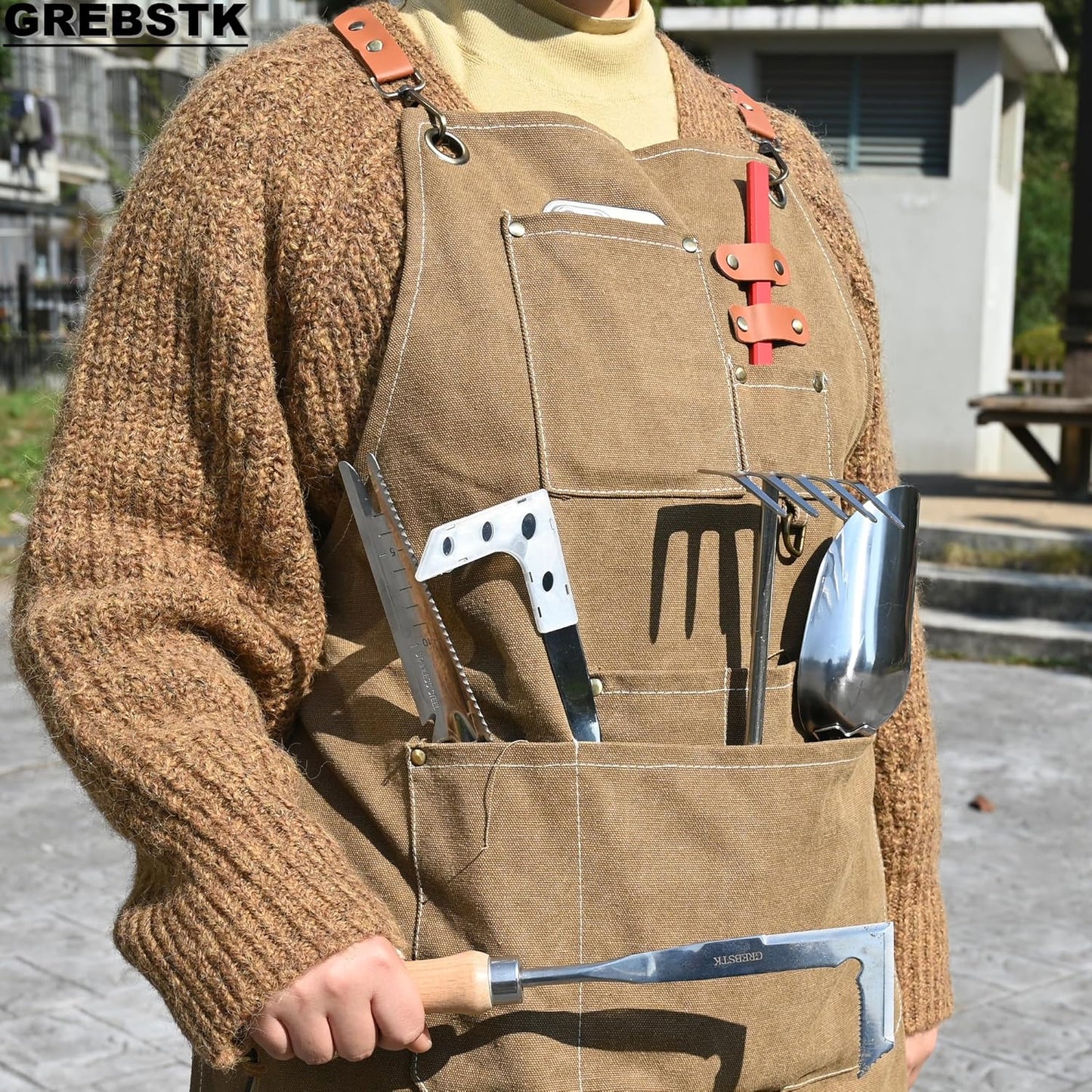 GREBSTK Work Apron Cross Back Adjustable Canvas Tool Apron for Woodwor