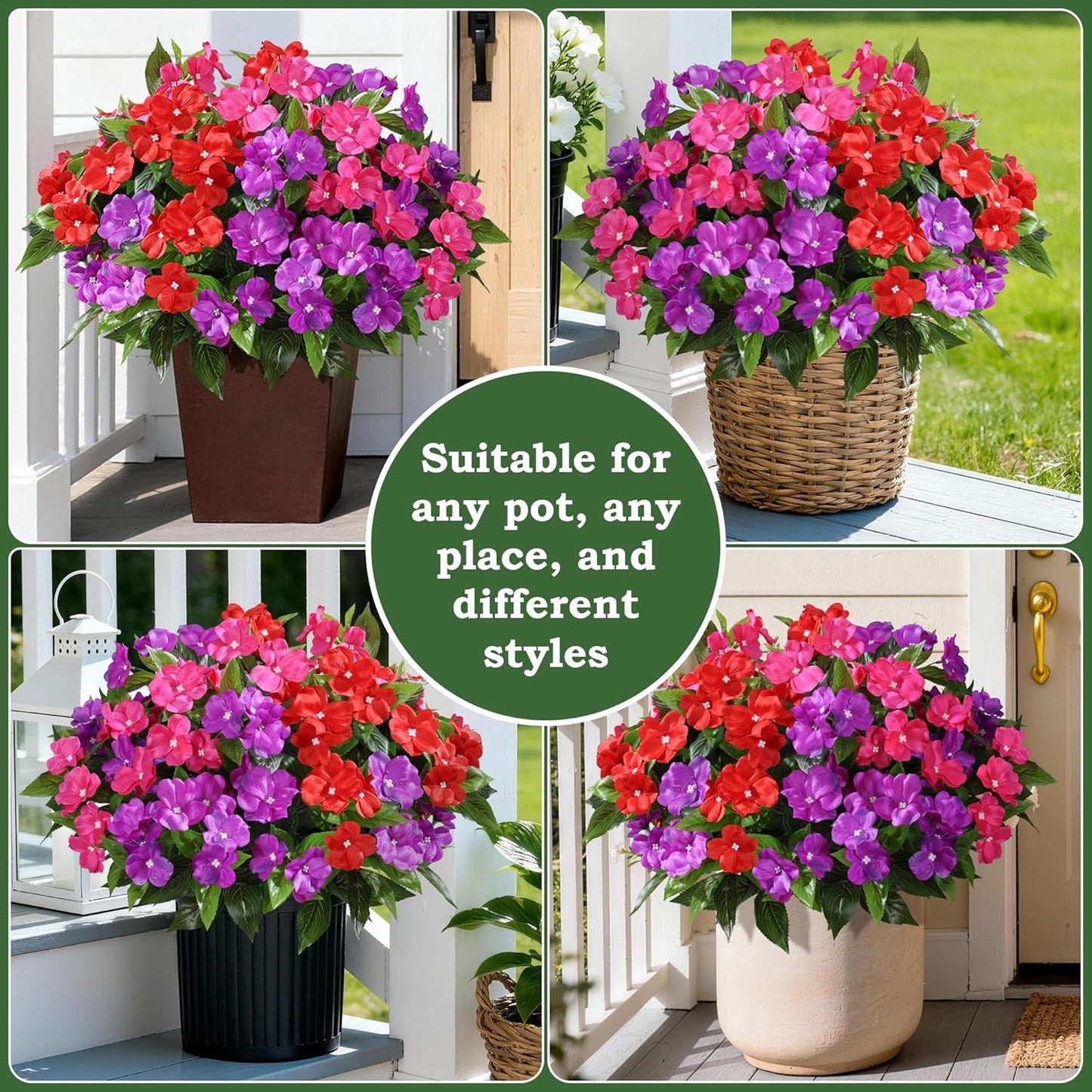 12 Bundles Artificial Impatiens Flowers for Outdoors 20'' Fake Potted Flower 2 Set Quality UV Resistant Realistic Silk Faux Flowers for Outside Balcony Garden Window Box, White
