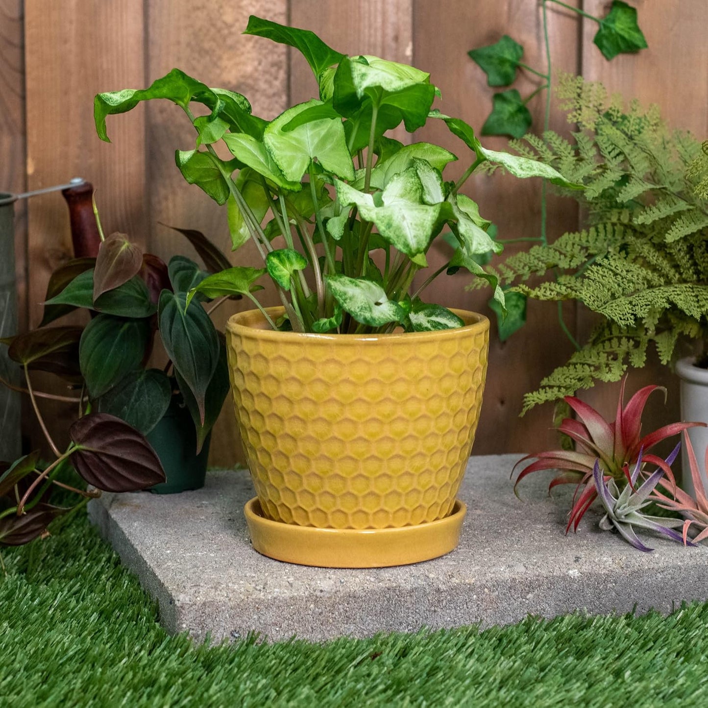 Napco Honeycomb Yellow 4.75 Inch Ceramic Flower Pot Planter with Sauce