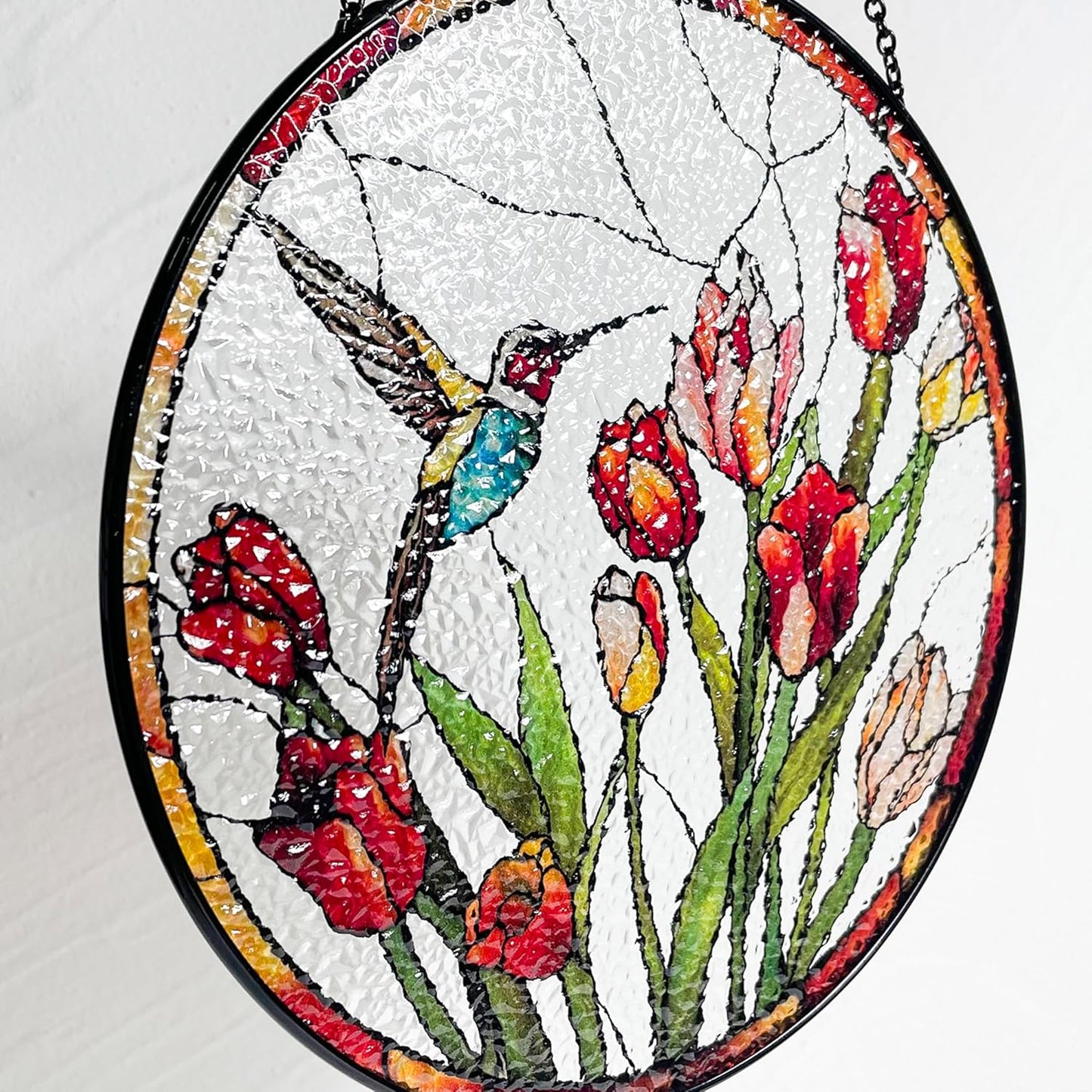 Hummingbird and Tulips Stained Glass Suncatcher - Handcrafted Real Glass Window Hanging for Home, Garden, and Patio Decor - 7.8 inch Round Decorative Art Gift for Nature Lovers and Moms