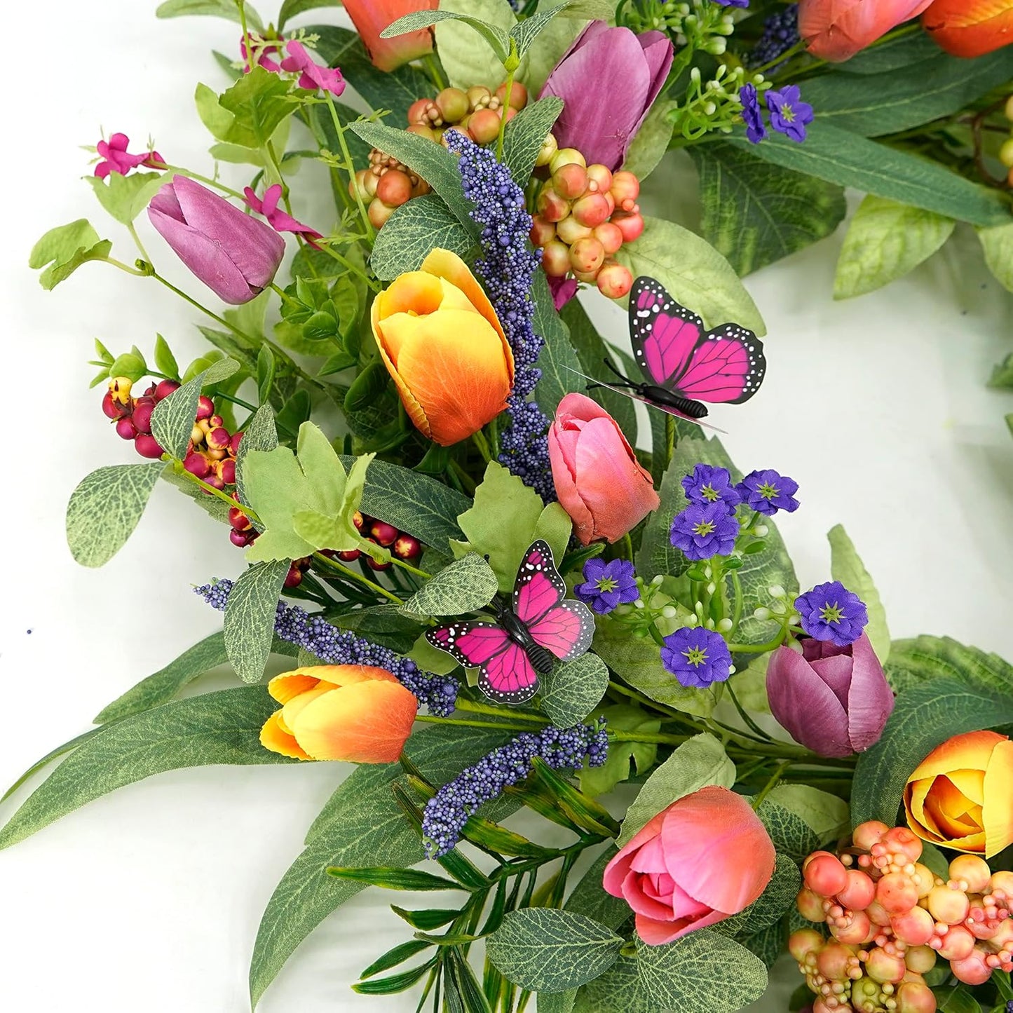 22 inch Spring Summer Wreath Tulip Wreath for Front Door with Purple Tassels, Eucalyptus Leaves, Ferns, Butterflies for Indoor Outdoor wall Festival Home Farmhouse Wedding Decor