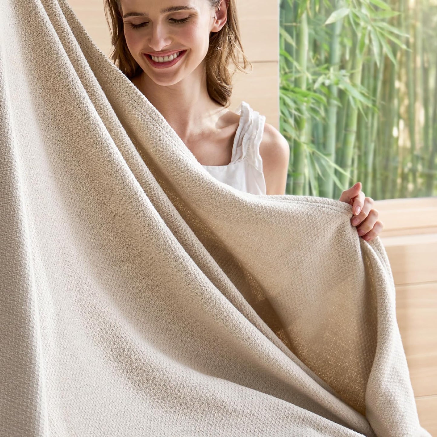 Bedsure GentleSoft 100% Cotton Blanket Queen Size for Bed - Breathable and Lightweight, Soft Cozy Textured Herringbone Woven Blanket for Summer Spring, Linen Beige, 90x90 inches