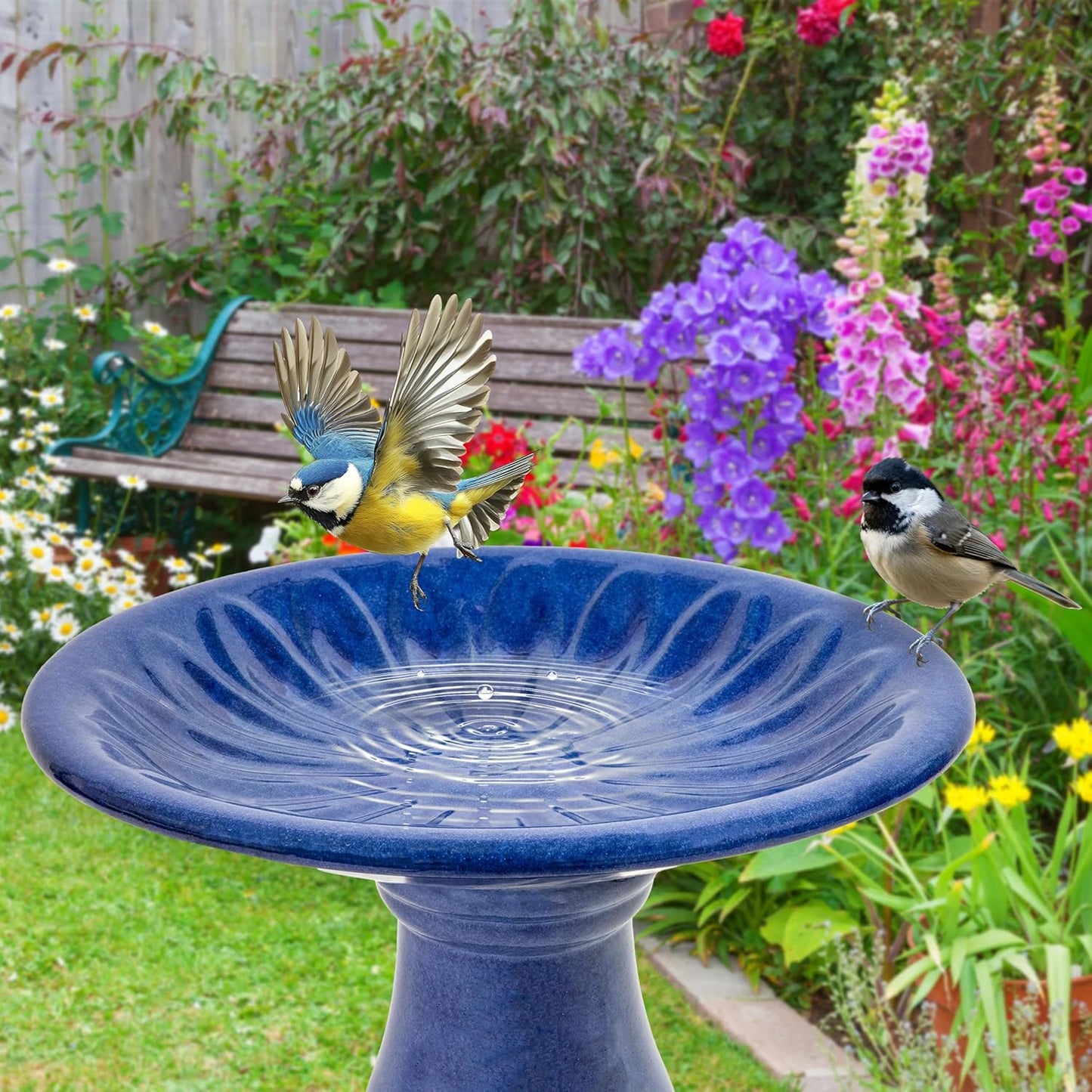 Sunnydaze Blue Ceramic Bird Bath for Outside - 21.5" H Garden Bird Bath - Daisy Embossed Bowl - UV-/Frost-Resistant Glaze Finish