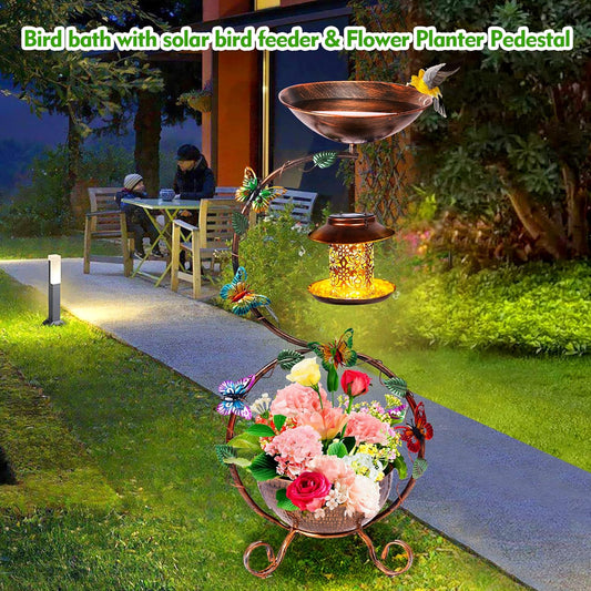 37.8" Bird Bath and Solar Bird Feeders Combo with Flower Planter Pedestal, Metal Bird Baths for Outdoors, Decorative Birdbath with Butterfly for Outside Garden Yard, Weather Resistant