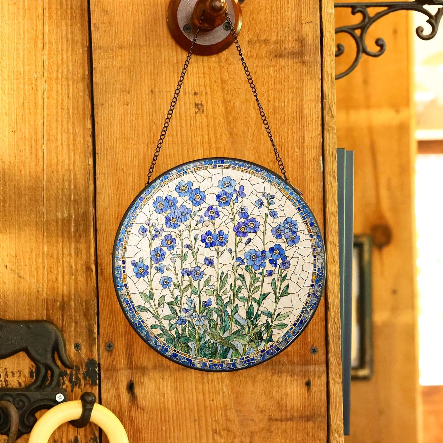 Forget-Me-Not Flower Stained Glass Suncatcher, 7.8 Inch Handmade Blue Floral Window Hanging Decor - Garden, Home Gift for Women, Mom, Grandma (Blue, Medium)