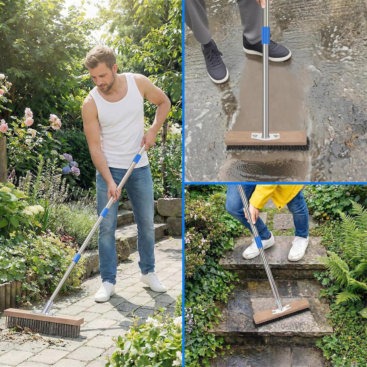 Stainless Steel Wire Scrub Brush with 62" Long Handle,Heavy Duty Stiff Metal Bristle Scrubber Broom for Deck Concrete Patio Gardens and Garages Floor Cleaning, Outdoor Moss Removal